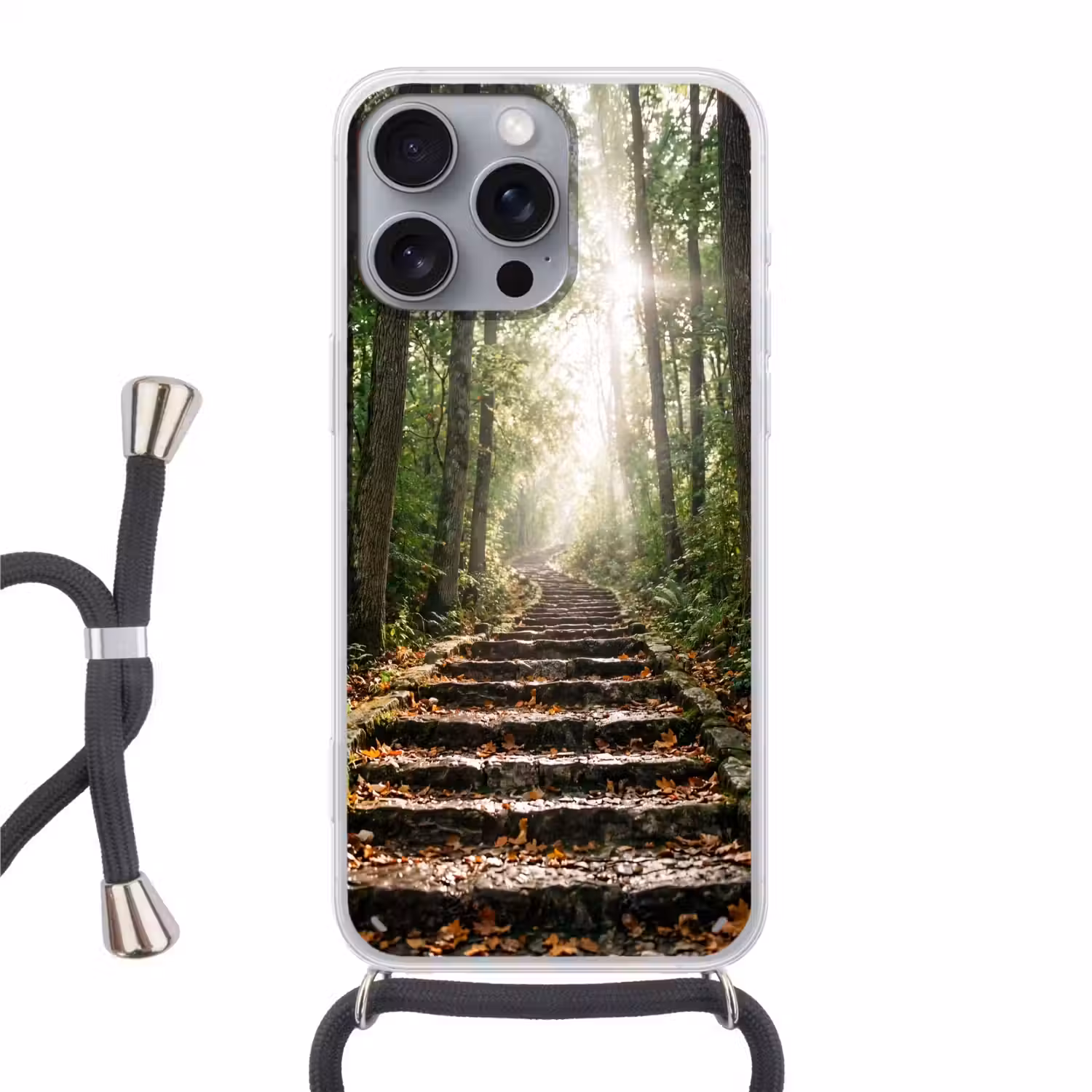Stenen - Trap - Bos - Natuur Hoesje iPhone 16 Pro Max met koord klein -3d