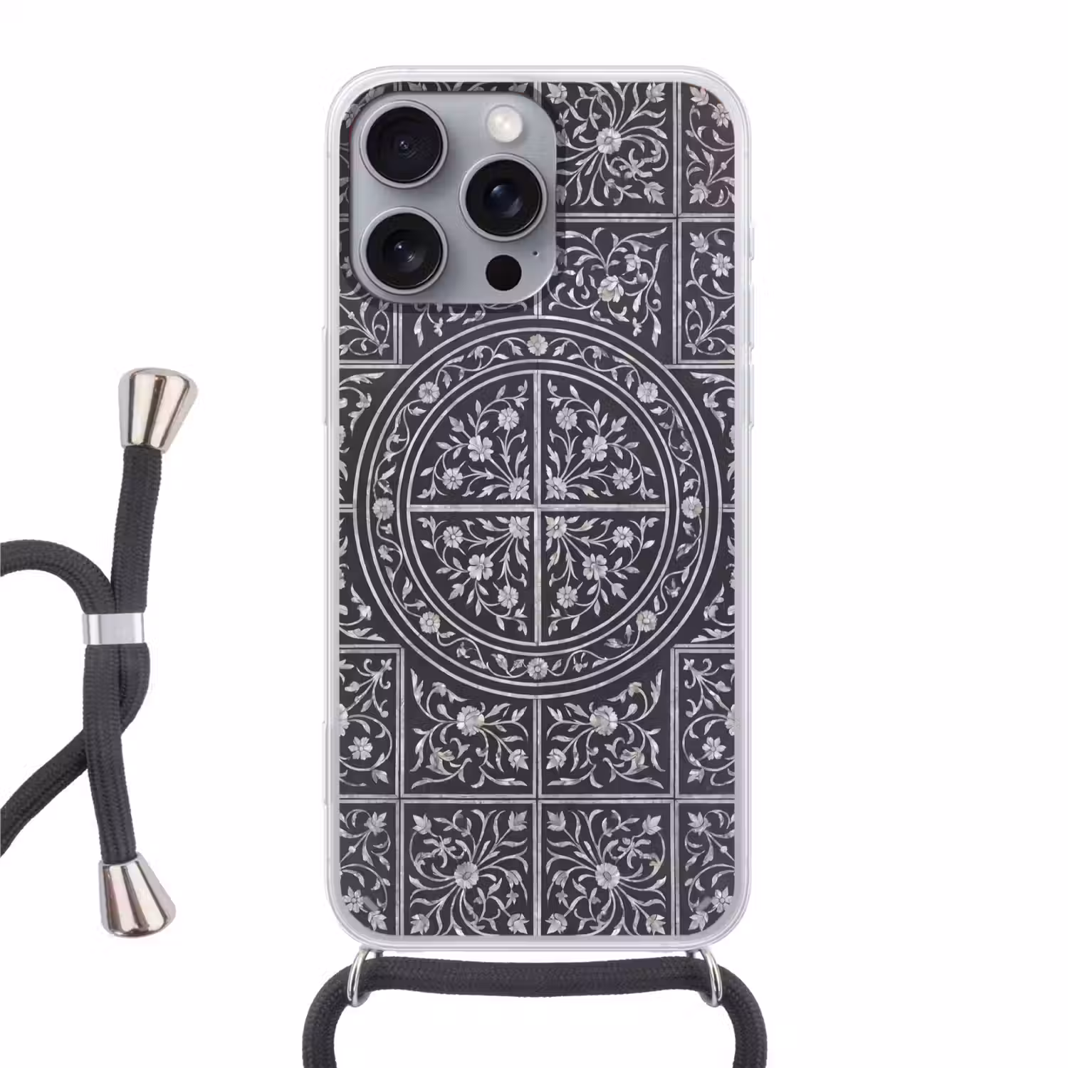 Patroon - Bloemmotief - Decoratie - Klassiek - Zwart Hoesje iPhone 16 Pro Max met koord klein -3d