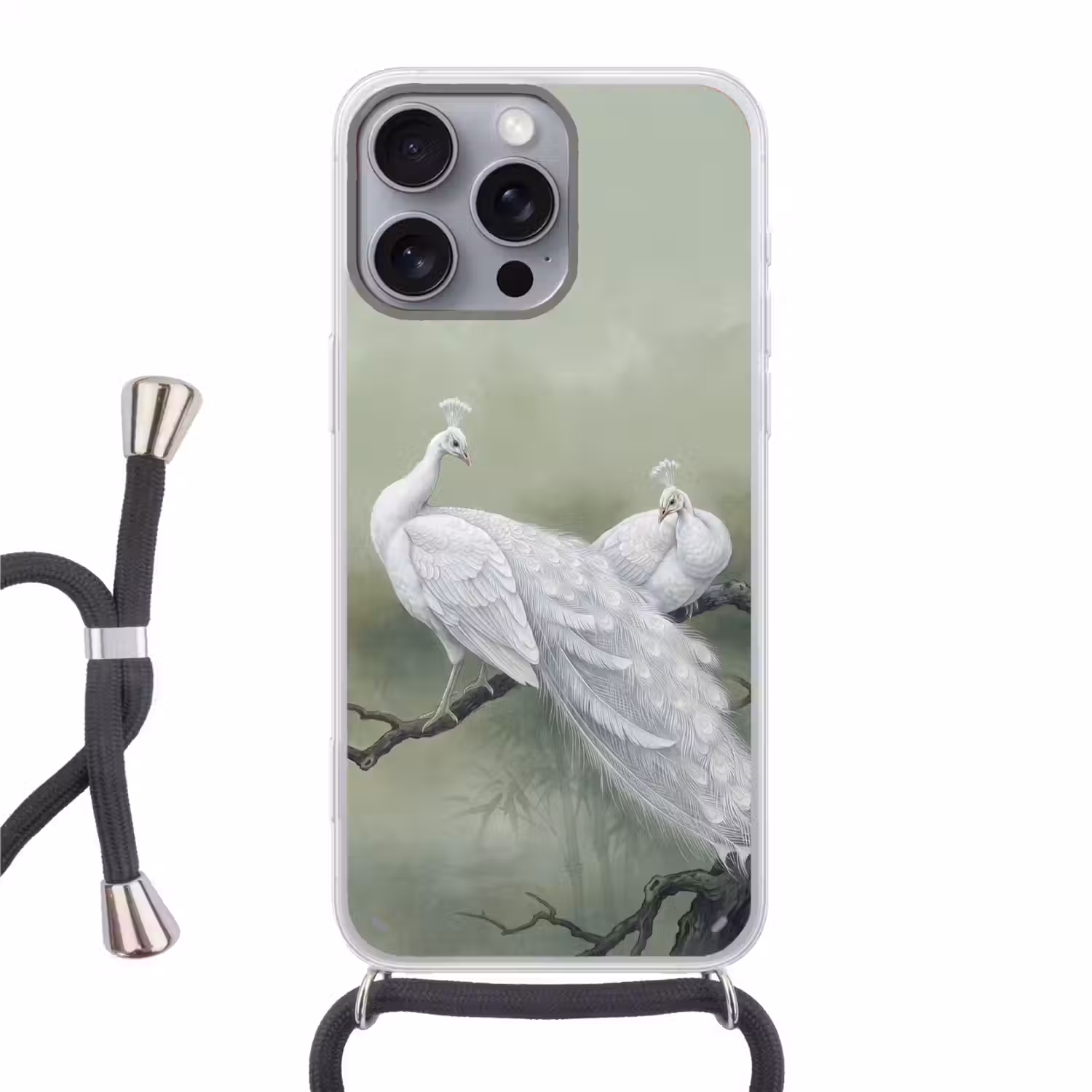 Pauwen - Wit - Natuur - Groen Hoesje iPhone 16 Pro Max met koord klein -3d
