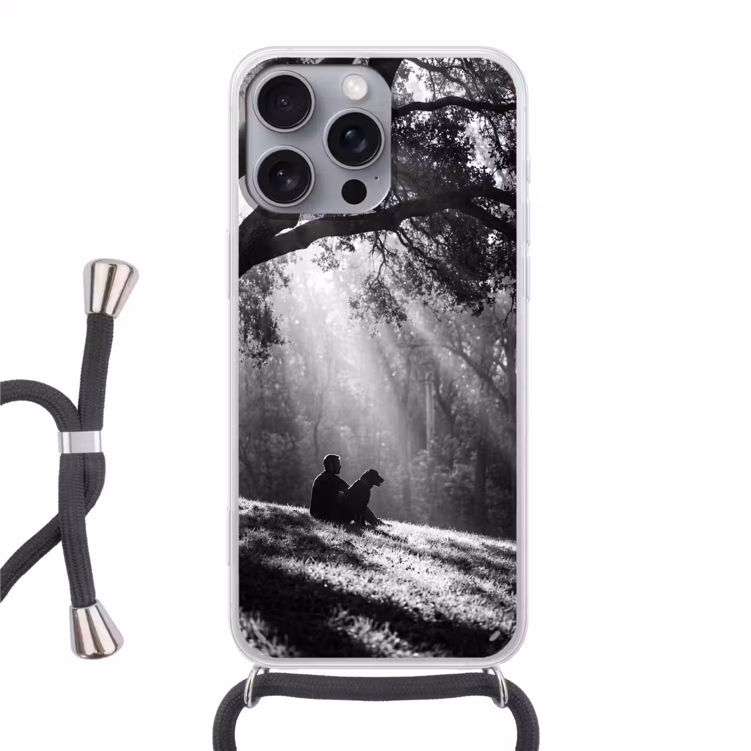 Mens - Hond - Natuur - Zwart-wit - Silhouet Hoesje iPhone 16 Pro Max met koord klein -3d