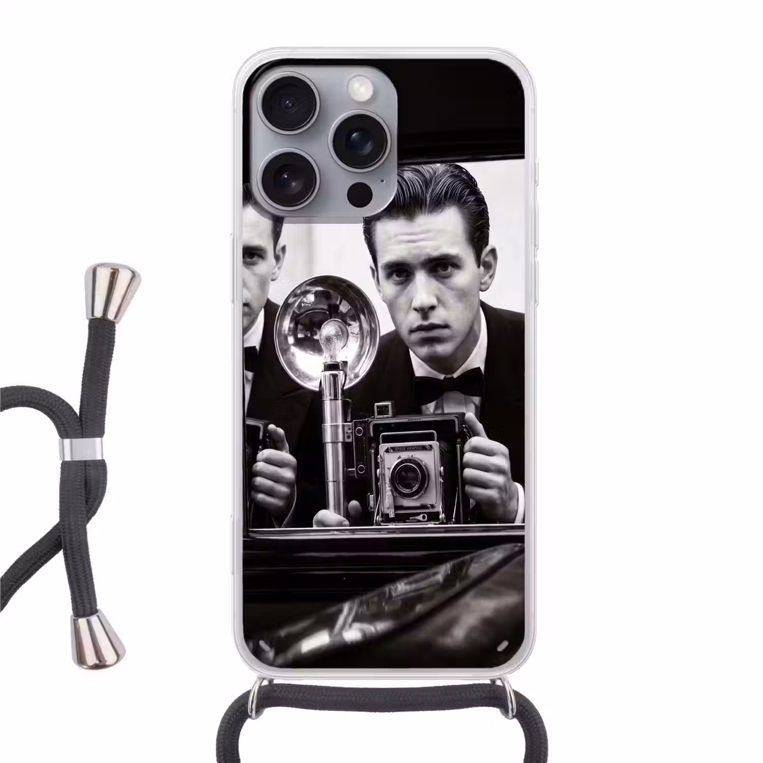 Fotograaf - Camera - Vintage - Journalistiek - Zwart-wit Hoesje iPhone 16 Pro Max met koord klein -3d