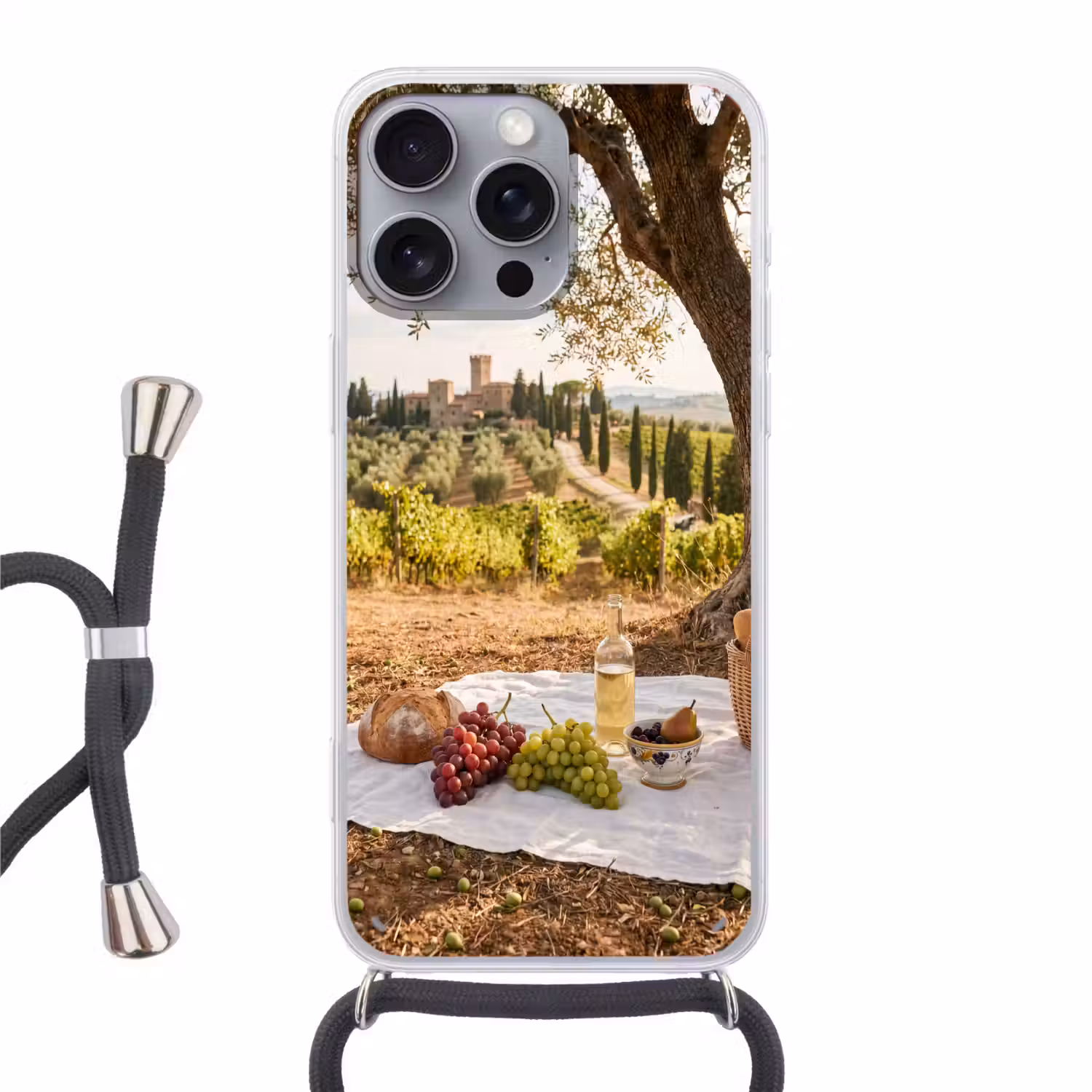 Picknick - Wijngaard - Landschap - Zomer - Eten Hoesje iPhone 16 Pro Max met koord klein -3d