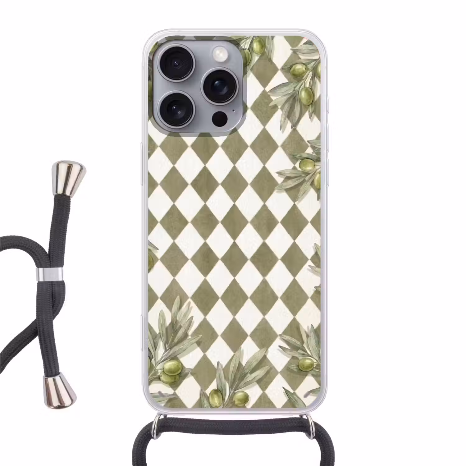 Plant - Olijftakken - Waterverf - Mediterraan - Groen Hoesje iPhone 16 Pro Max met koord klein -3d