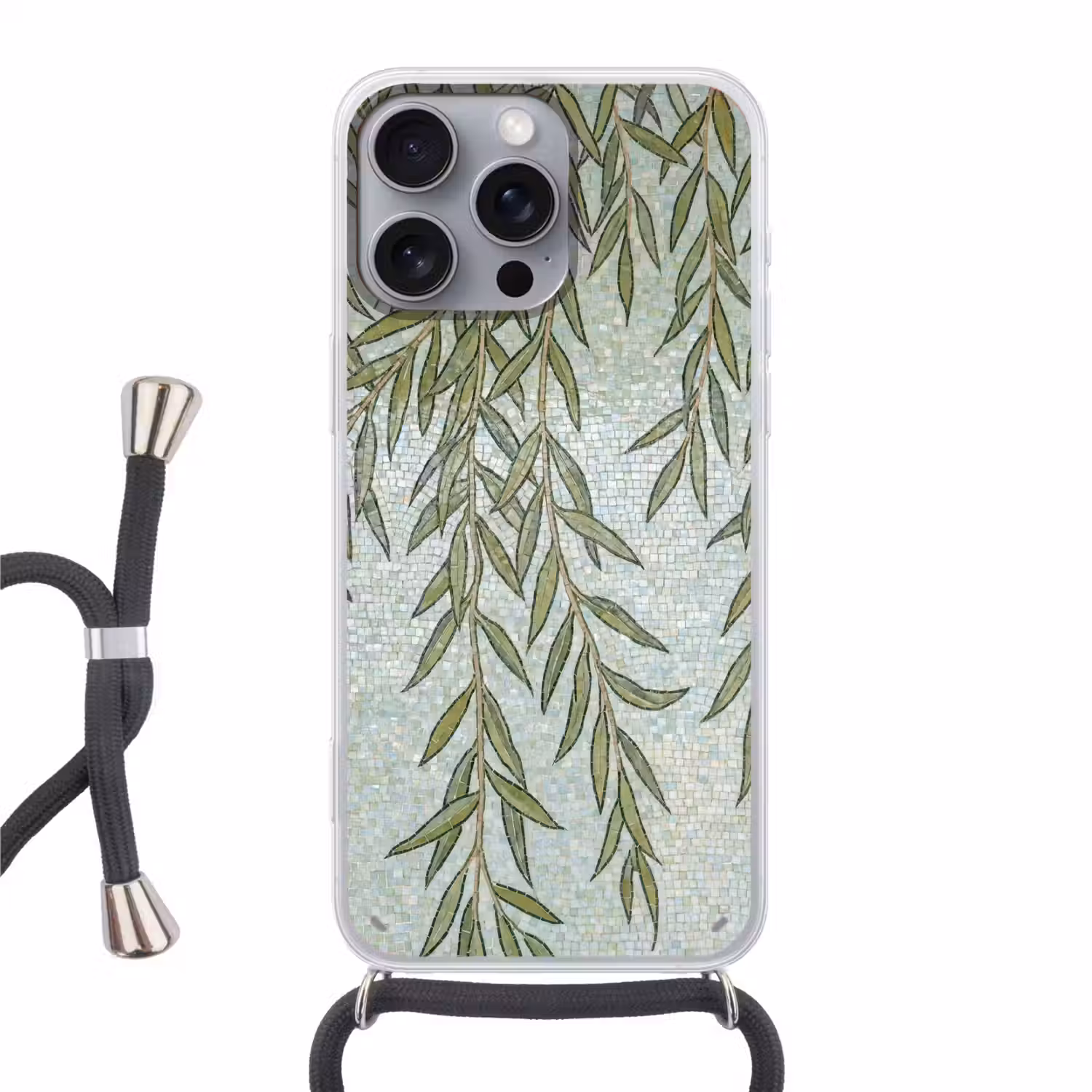 Planten - Mozaïek - Patroon - Groen - Blauw Hoesje iPhone 16 Pro Max met koord klein -3d