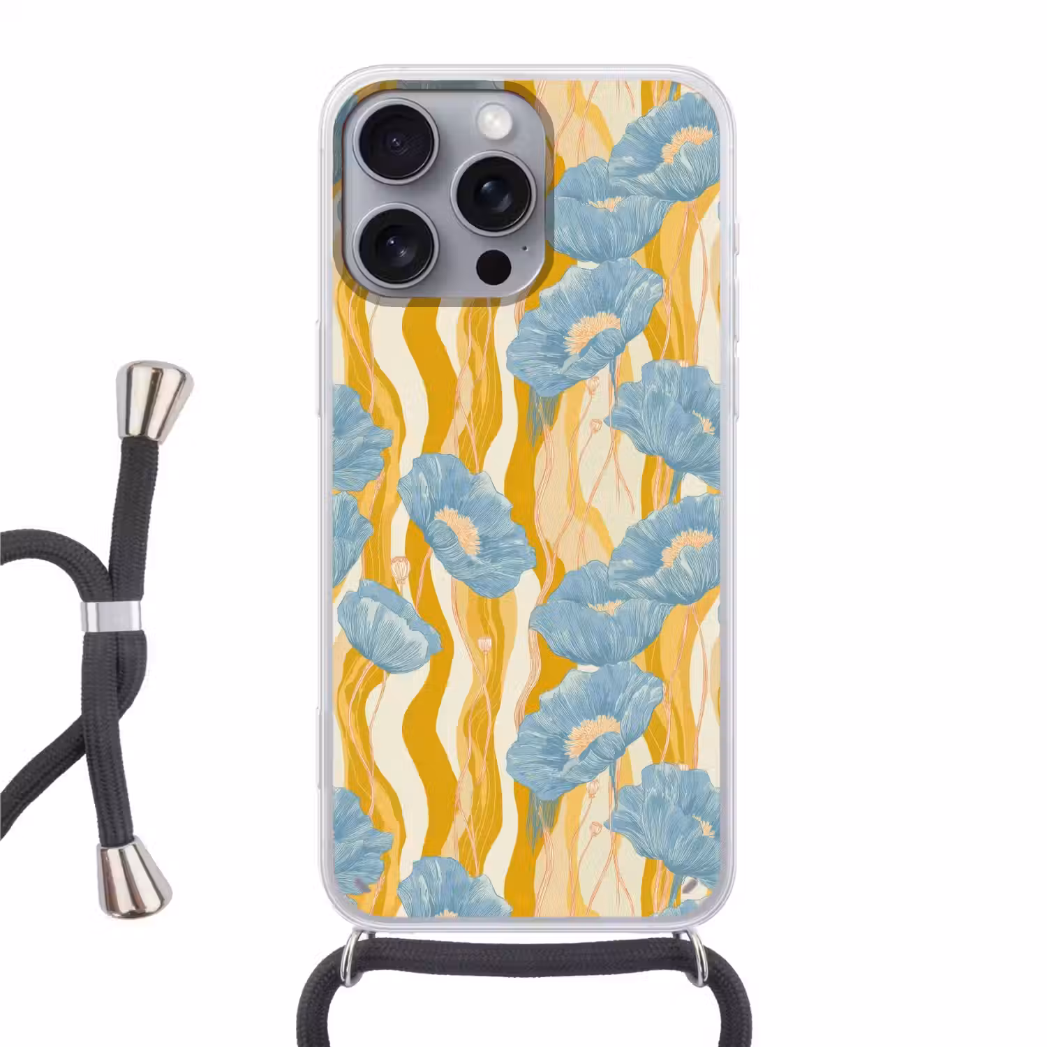 Papavers - Botanisch - Blauw Hoesje iPhone 16 Pro Max met koord klein 804 -3d