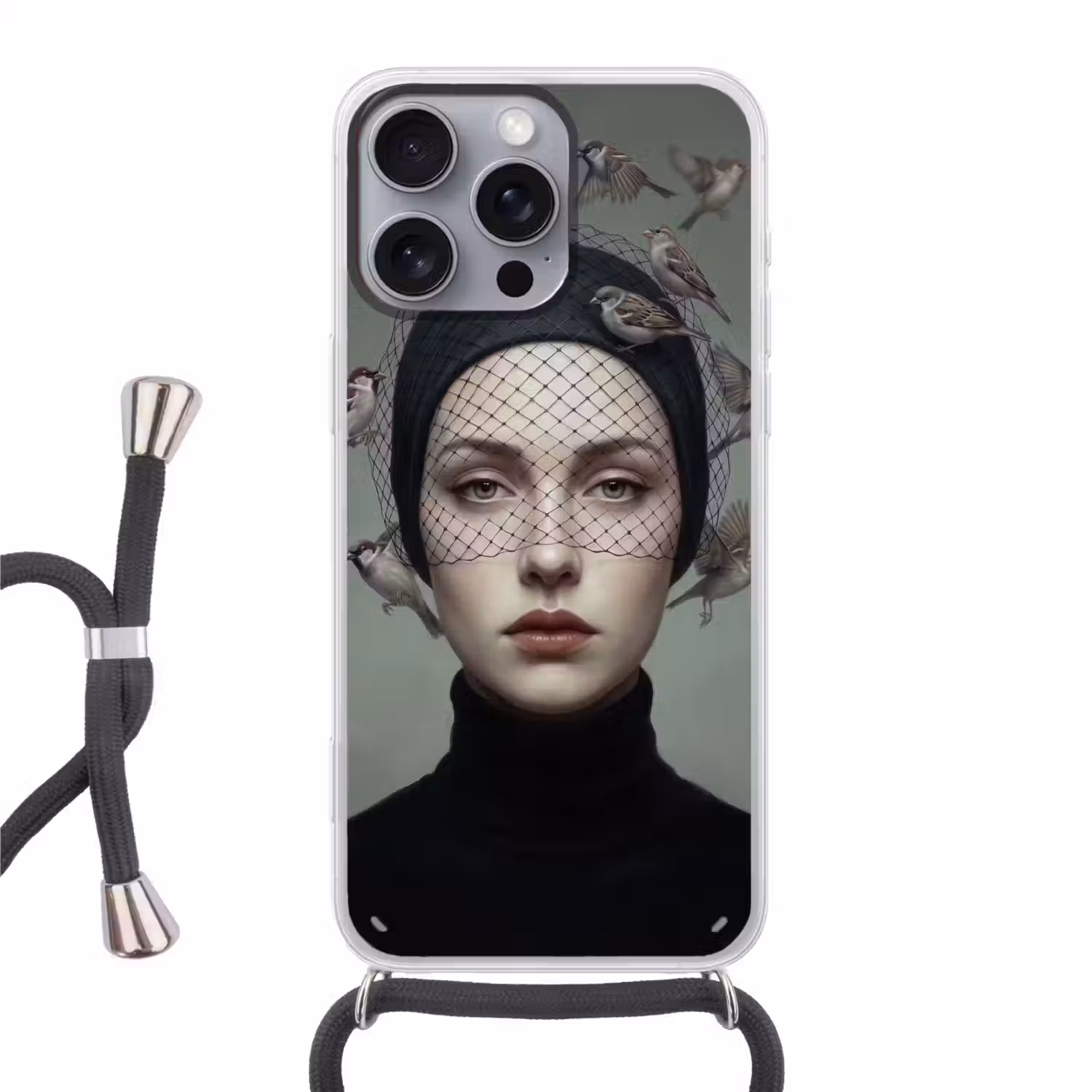 Portret - Vogels - Zwart Hoesje iPhone 16 Pro Max met koord klein -3d