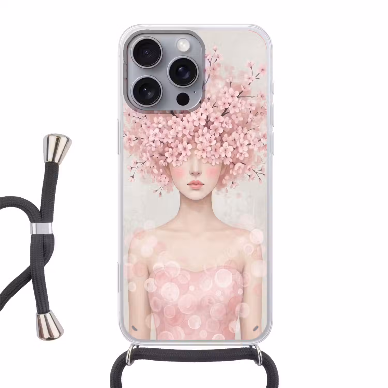 Portret - Kersenbloesem - Roze Hoesje iPhone 16 Pro Max met koord klein -3d