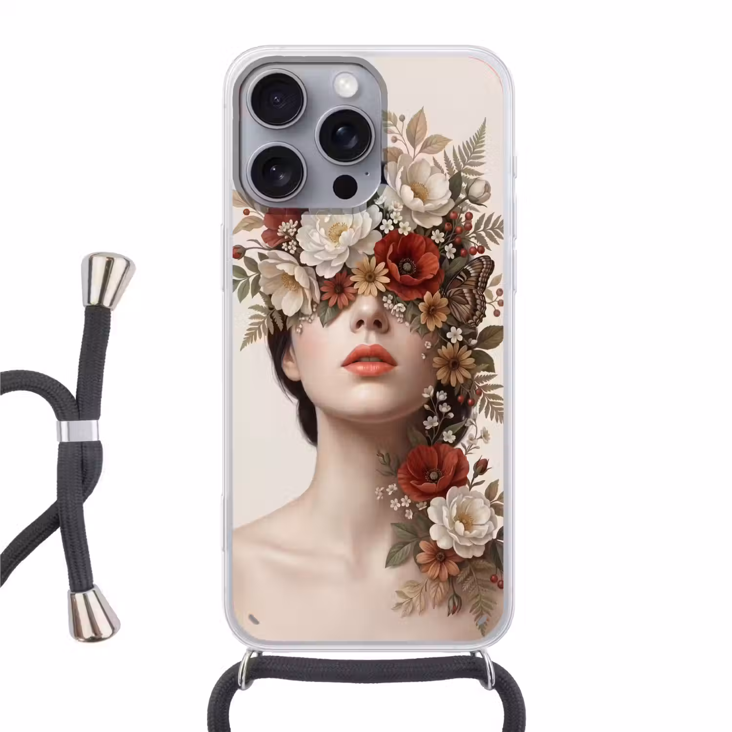 Portret - Bloemen - Cremé Hoesje iPhone 16 Pro Max met koord klein -3d