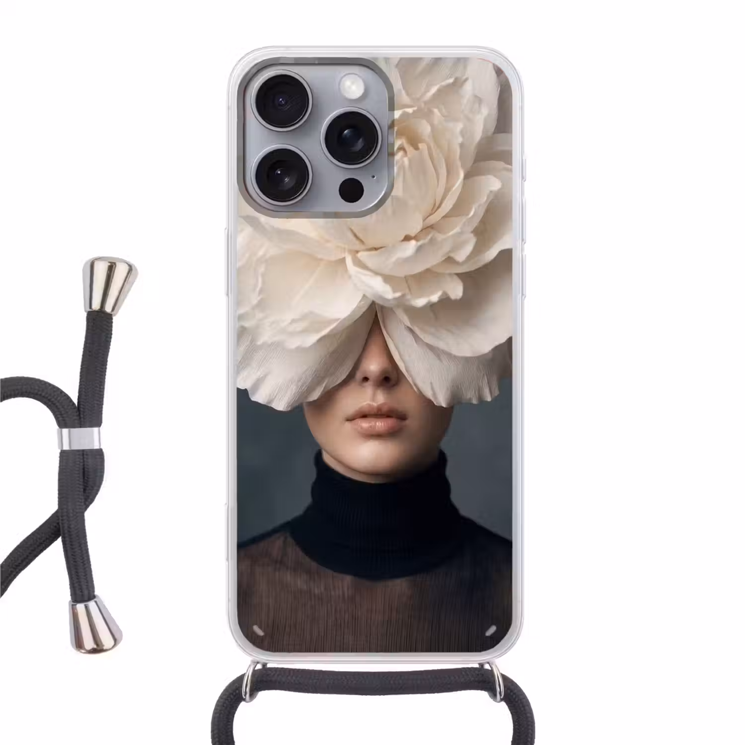 Portret - Mysterieus - Wit Hoesje iPhone 16 Pro Max met koord klein -3d