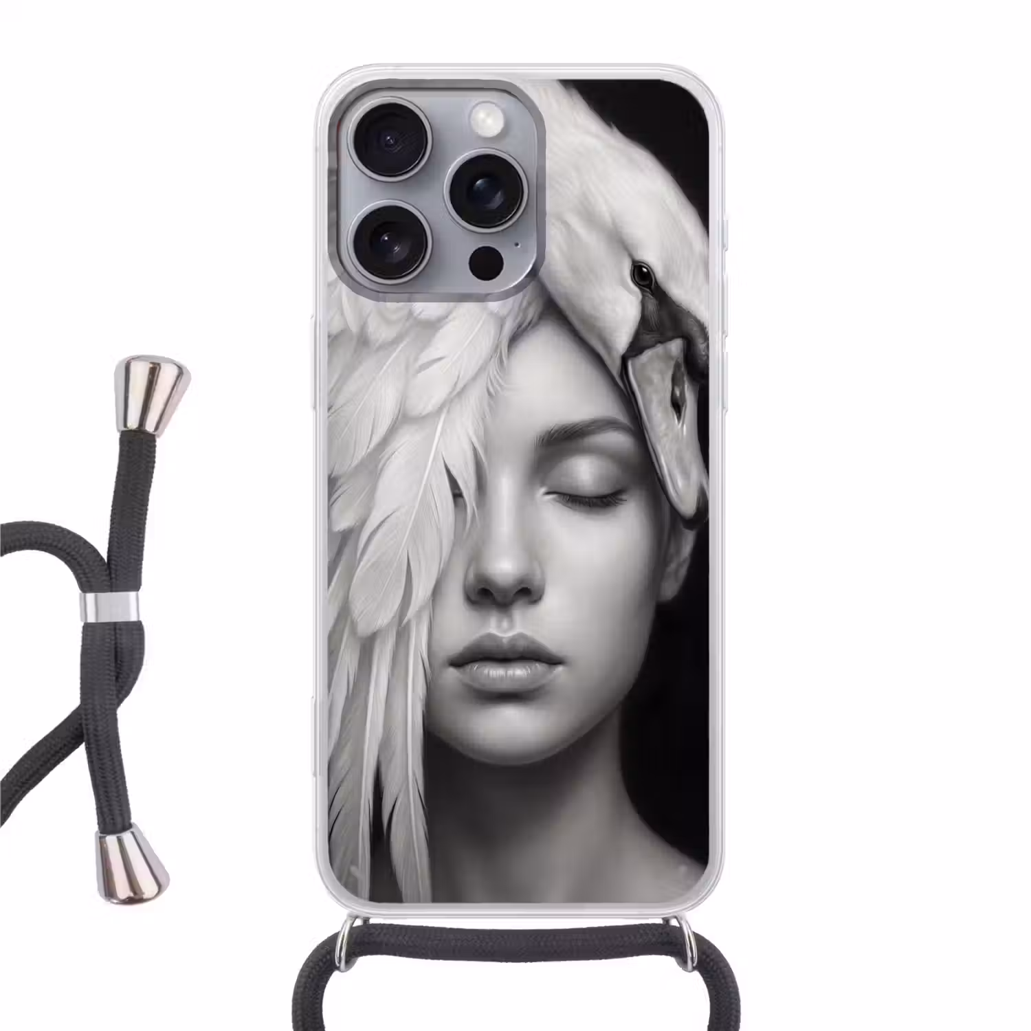 Portret - Zwaan - Zwart - Wit Hoesje iPhone 16 Pro Max met koord klein -3d