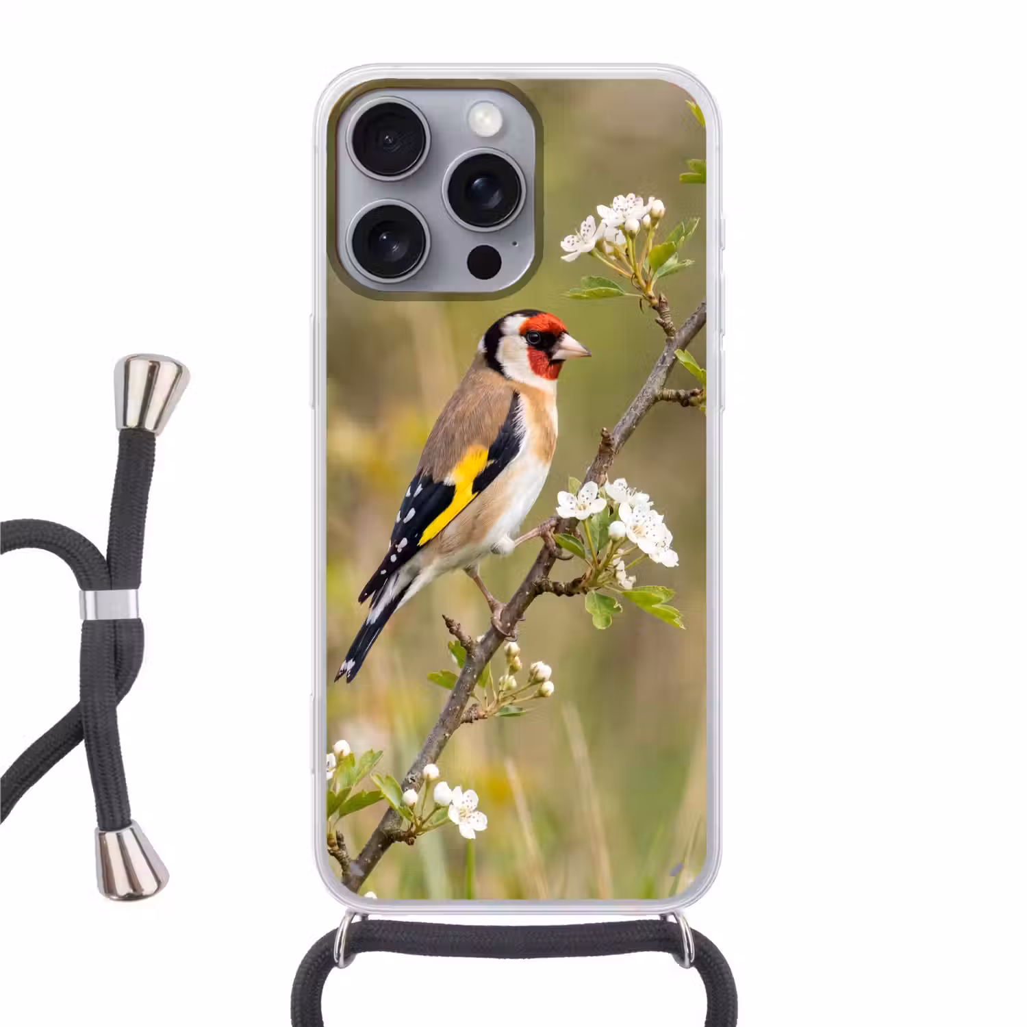 Putter - Bloesem - Lente - Natuur - Kleurrijk Hoesje iPhone 16 Pro Max met koord klein -3d