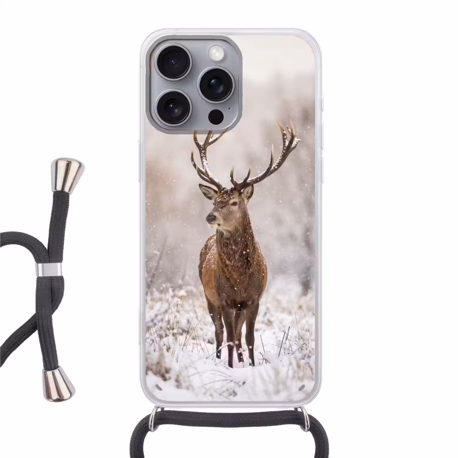 Edelhert - Bos - Sneeuw - Winter - Majestueus Hoesje iPhone 16 Pro Max met koord klein -3d