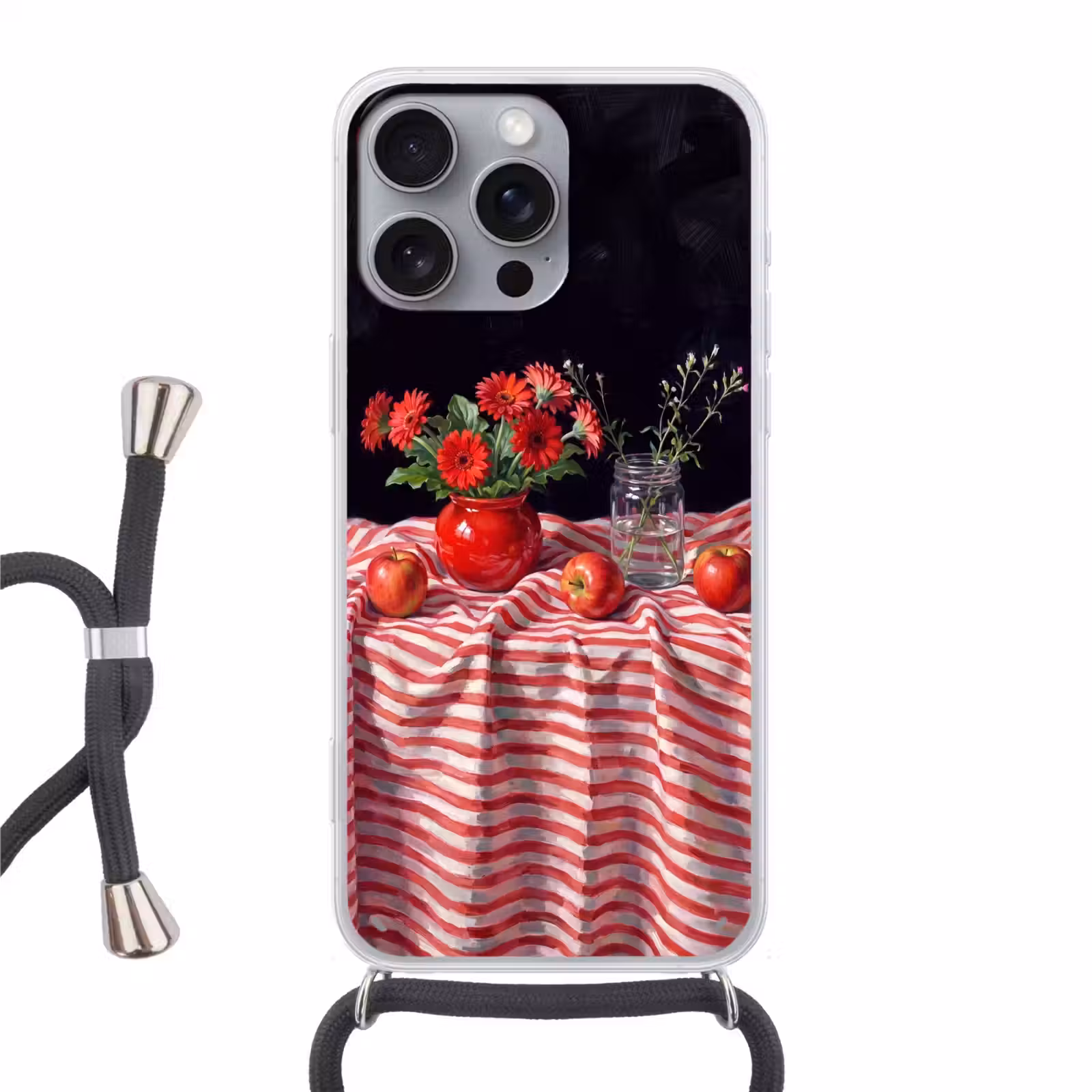 Phone case crossbody - Red Flowers - Vase - Rode bloemen - Vaas Hoesje iPhone 16 Pro Max met koord klein