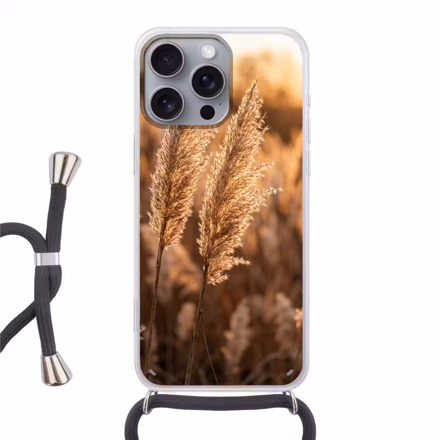 Rietpluimen - Gras - Zonsondergang - Goud - Serene Hoesje iPhone 16 Pro Max met koord klein -3d