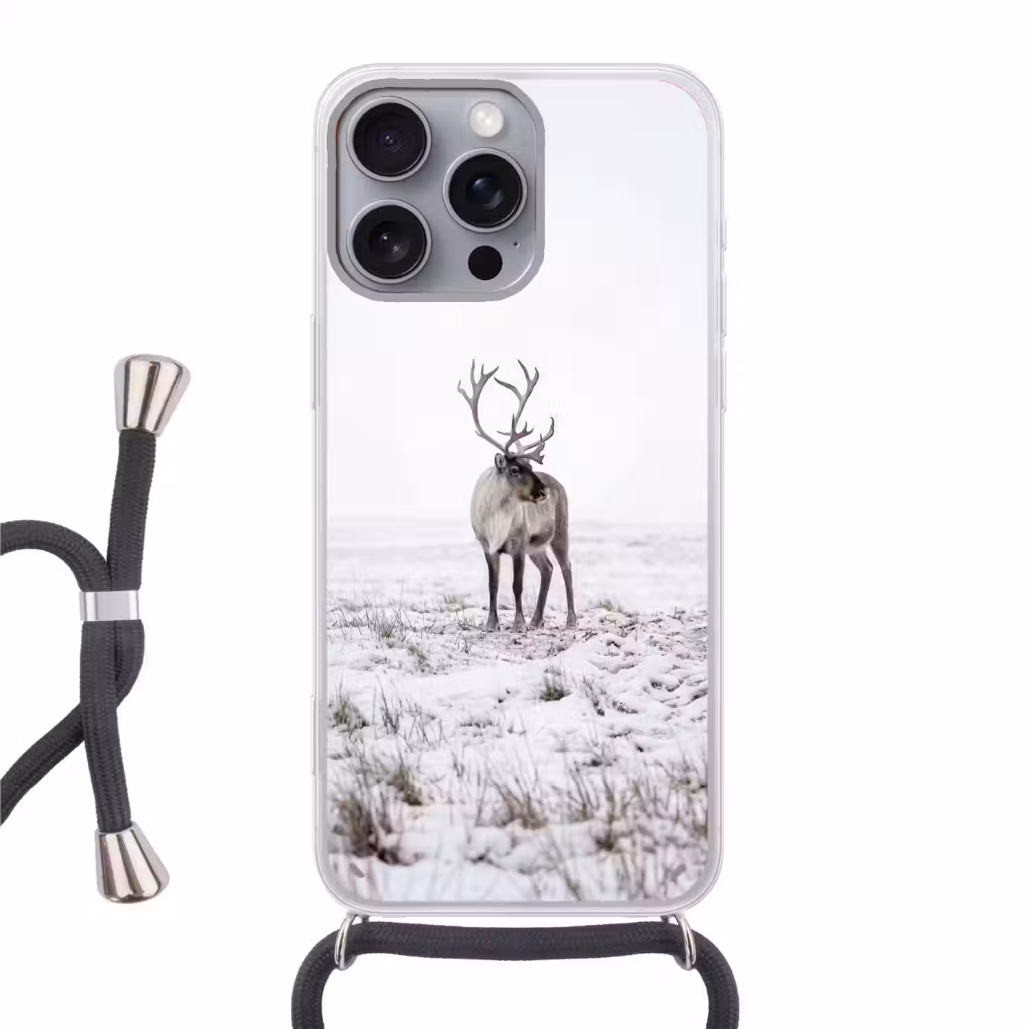Rendier - Gewei - Sneeuw - Winter Hoesje iPhone 16 Pro Max met koord klein -3d