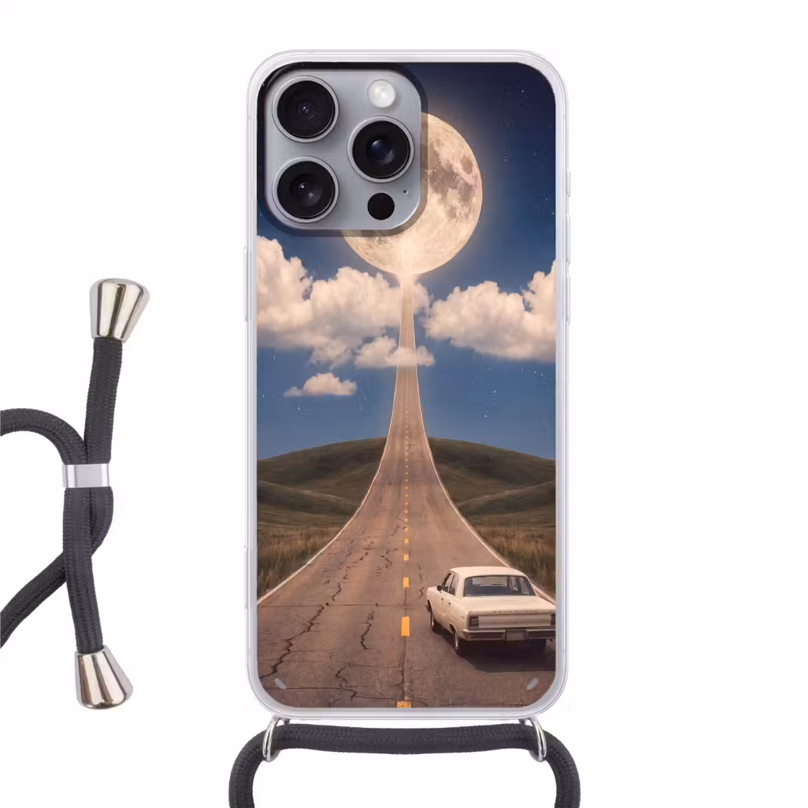 Phone case crossbody - Road - Moon - Night - Weg - Maan - Nacht Hoesje iPhone 16 Pro Max met koord klein