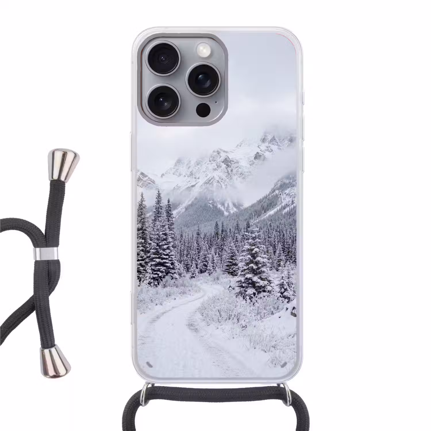 Weg - Bergen - Sneeuw - Naaldbos - Avontuurlijk Hoesje iPhone 16 Pro Max met koord klein -3d