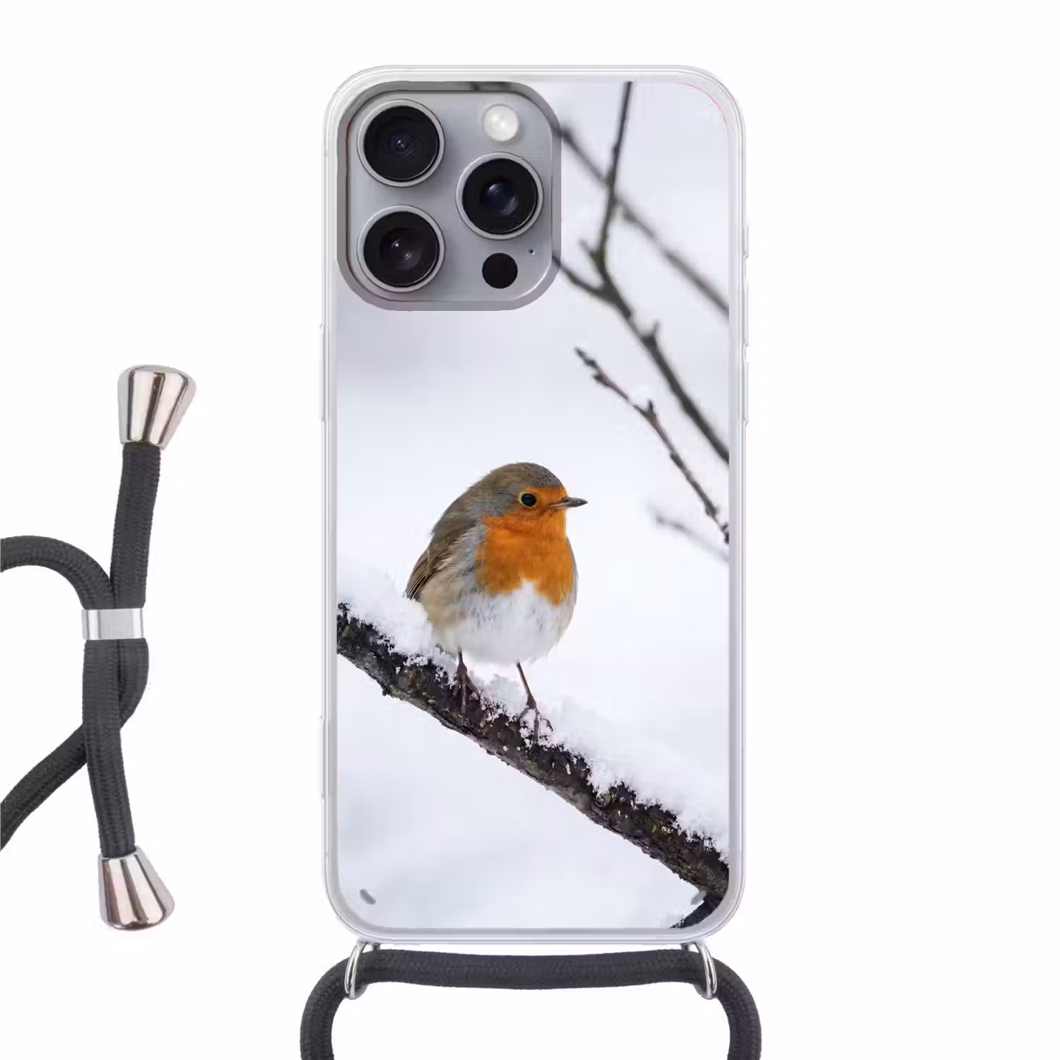 Roodborstje - Tak - Sneeuw - Winter - Levendig Hoesje iPhone 16 Pro Max met koord klein -3d