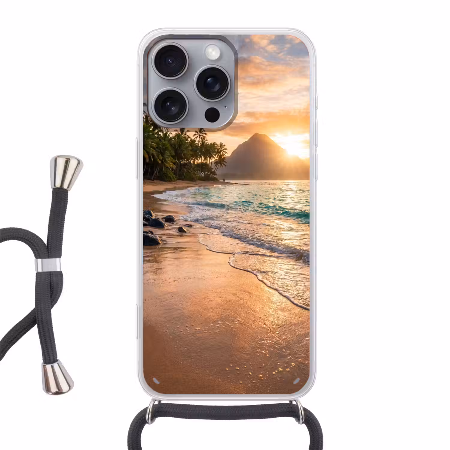 Zee - Berg - Landschap - Tropisch - Goud Hoesje iPhone 16 Pro Max met koord klein -3d