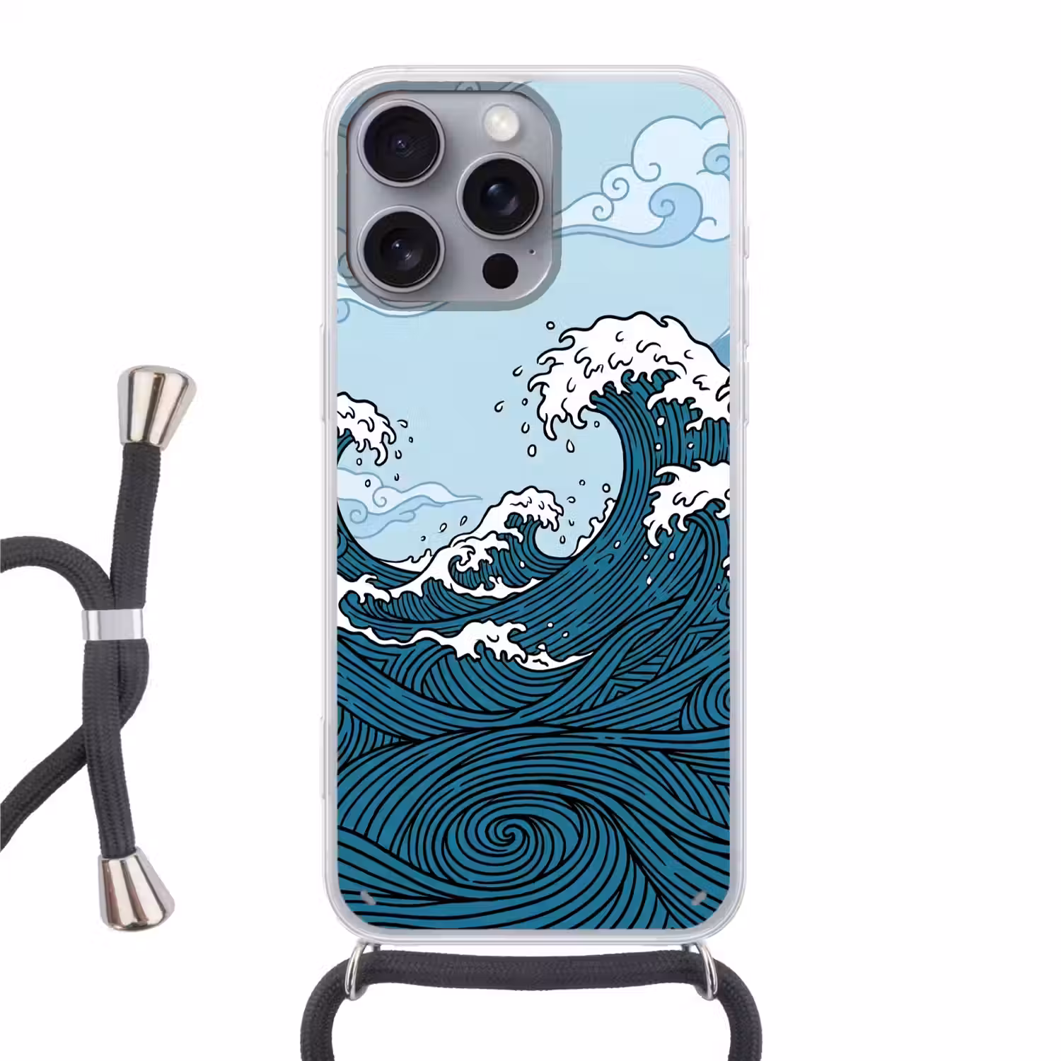 Zee - Golven - Japans - Natuur - Blauw Hoesje iPhone 16 Pro Max met koord klein -3d