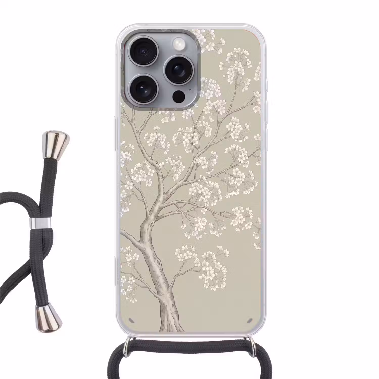 Sereen - Bloesem - Wit Hoesje iPhone 16 Pro Max met koord klein -3d