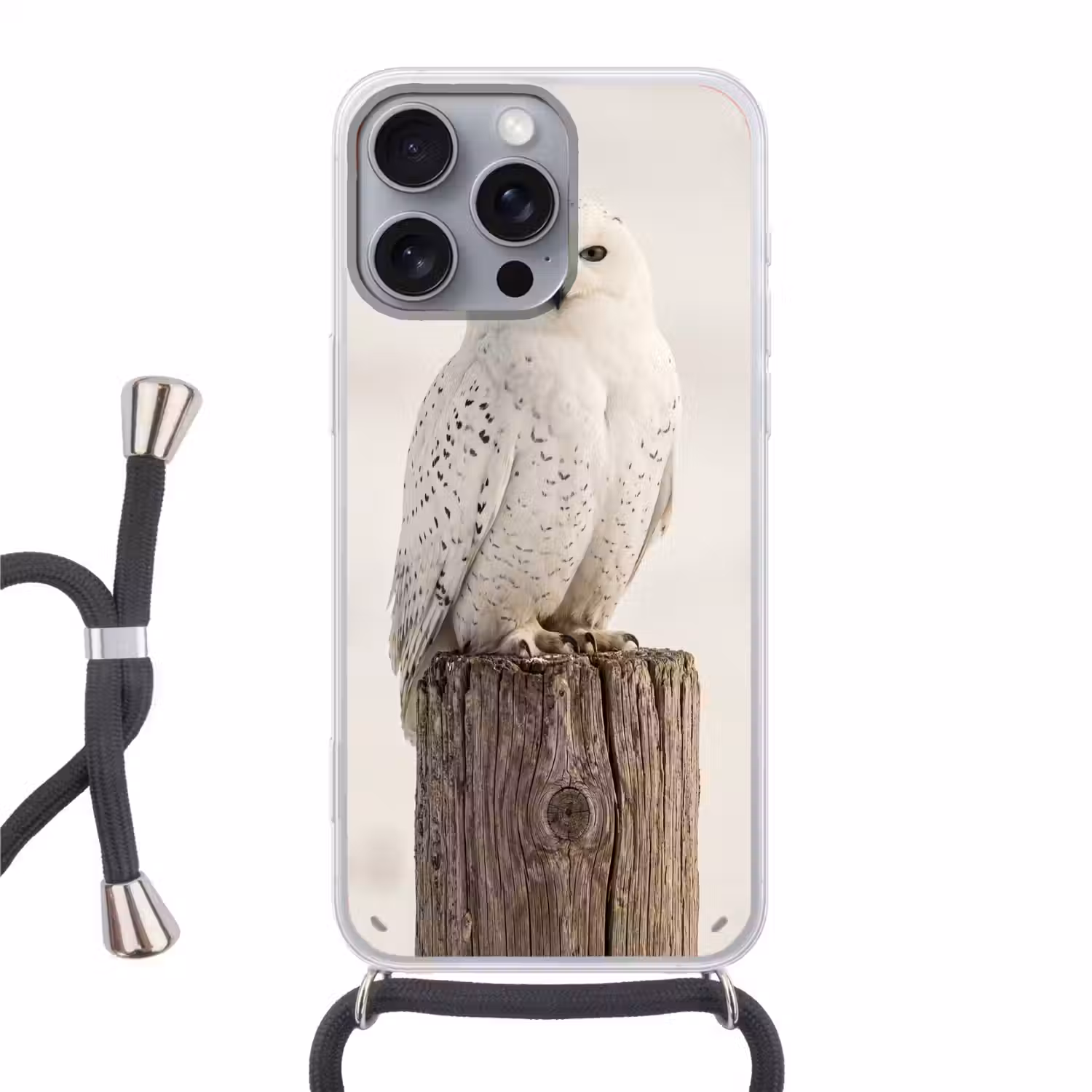 Sneeuwuil - Paal - Winter - Portret - Majestueus Hoesje iPhone 16 Pro Max met koord klein -3d