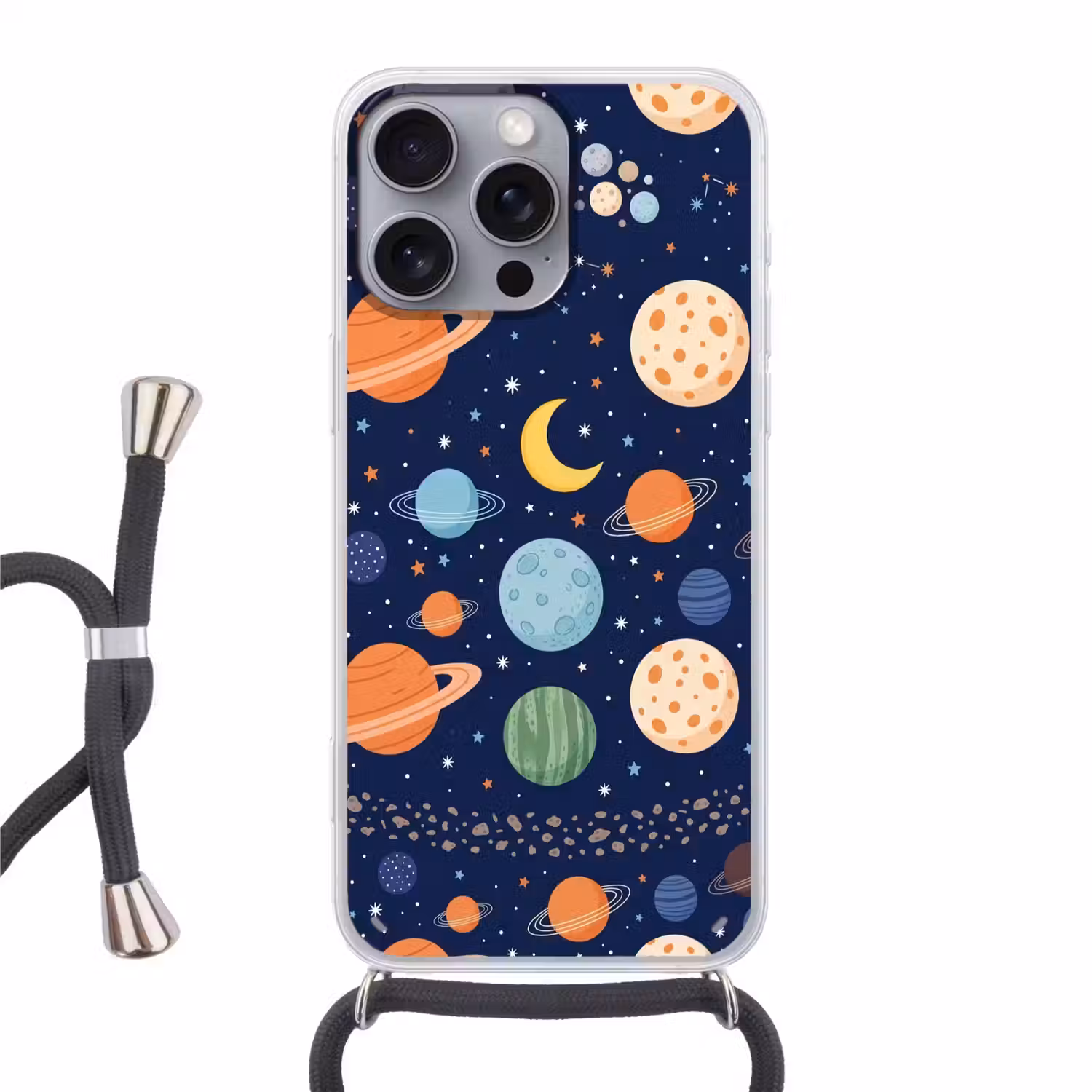 Ruimte - Planeten - Kleurrijk Hoesje iPhone 16 Pro Max met koord klein -3d