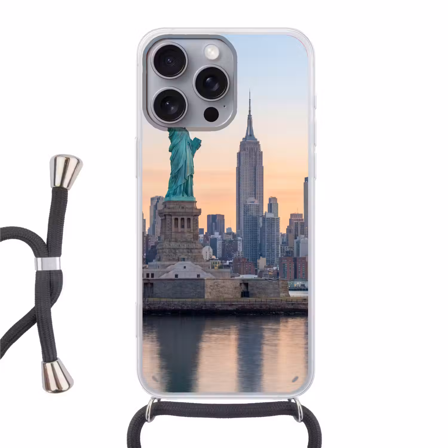 Vrijheidsbeeld - New York - Zonsopgang - Stad - Architectuur Hoesje iPhone 16 Pro Max met koord klein -3d