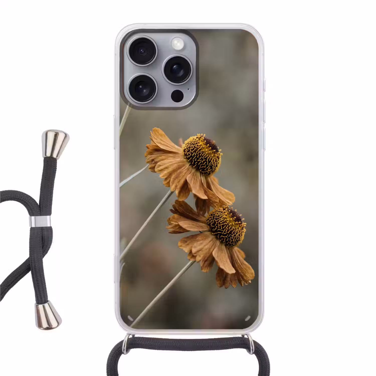 Zonnehoed - Droogbloemen - Geel - Warm Hoesje iPhone 16 Pro Max met koord klein -3d