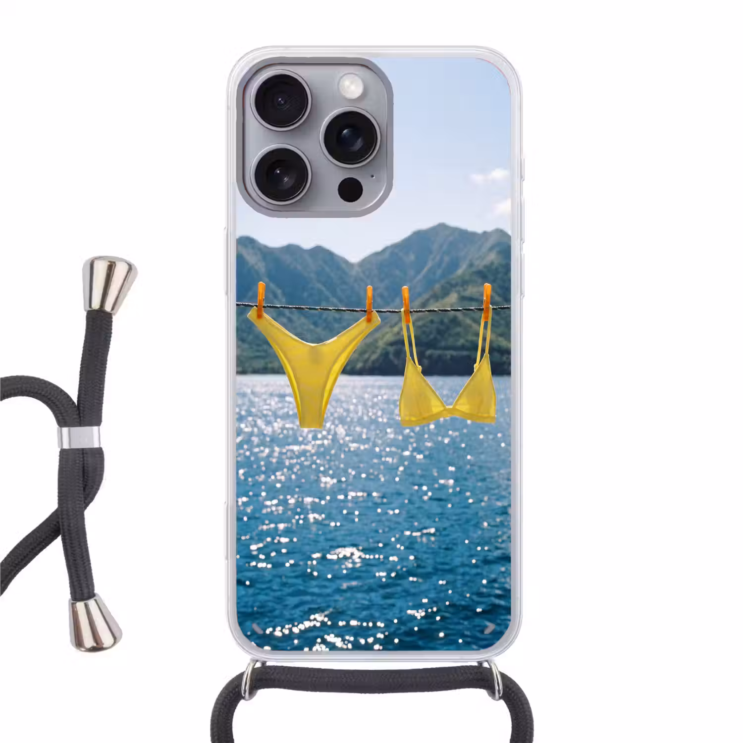 Badmode - Bikini - Zee - Bergen - Geel Hoesje iPhone 16 Pro Max met koord klein -3d