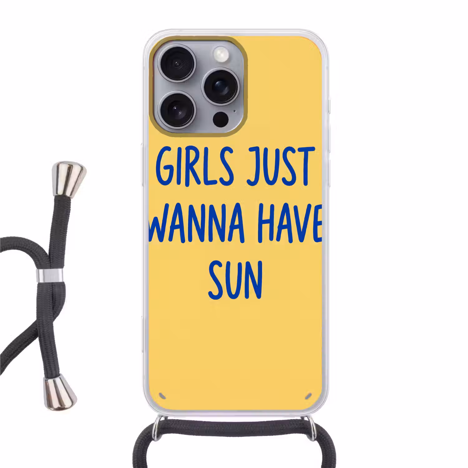 Tekst - Zon - Zomer - Modern - Geel Hoesje iPhone 16 Pro Max met koord klein -3d
