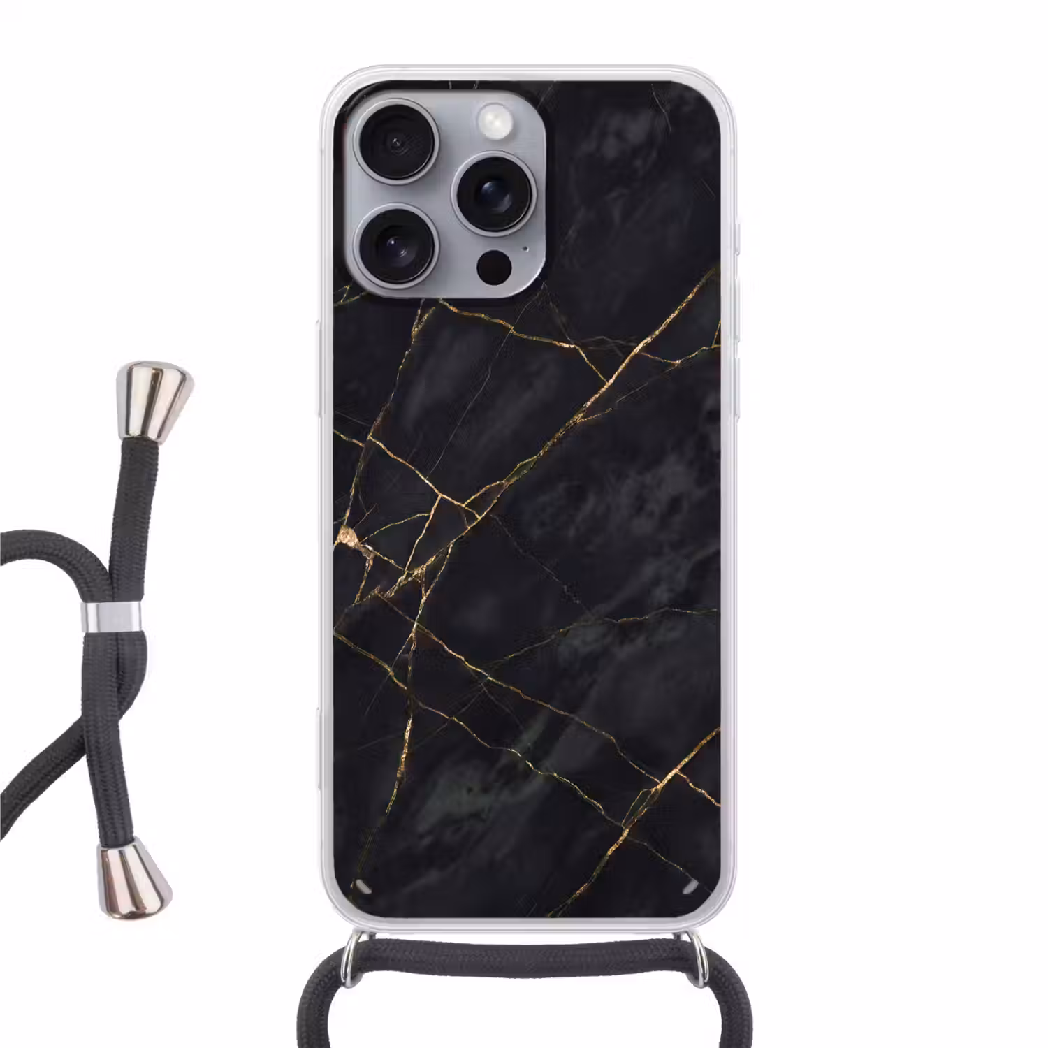 Textuur - Gouden lijnen - Abstract - Modern - Zwart Hoesje iPhone 16 Pro Max met koord klein -3d