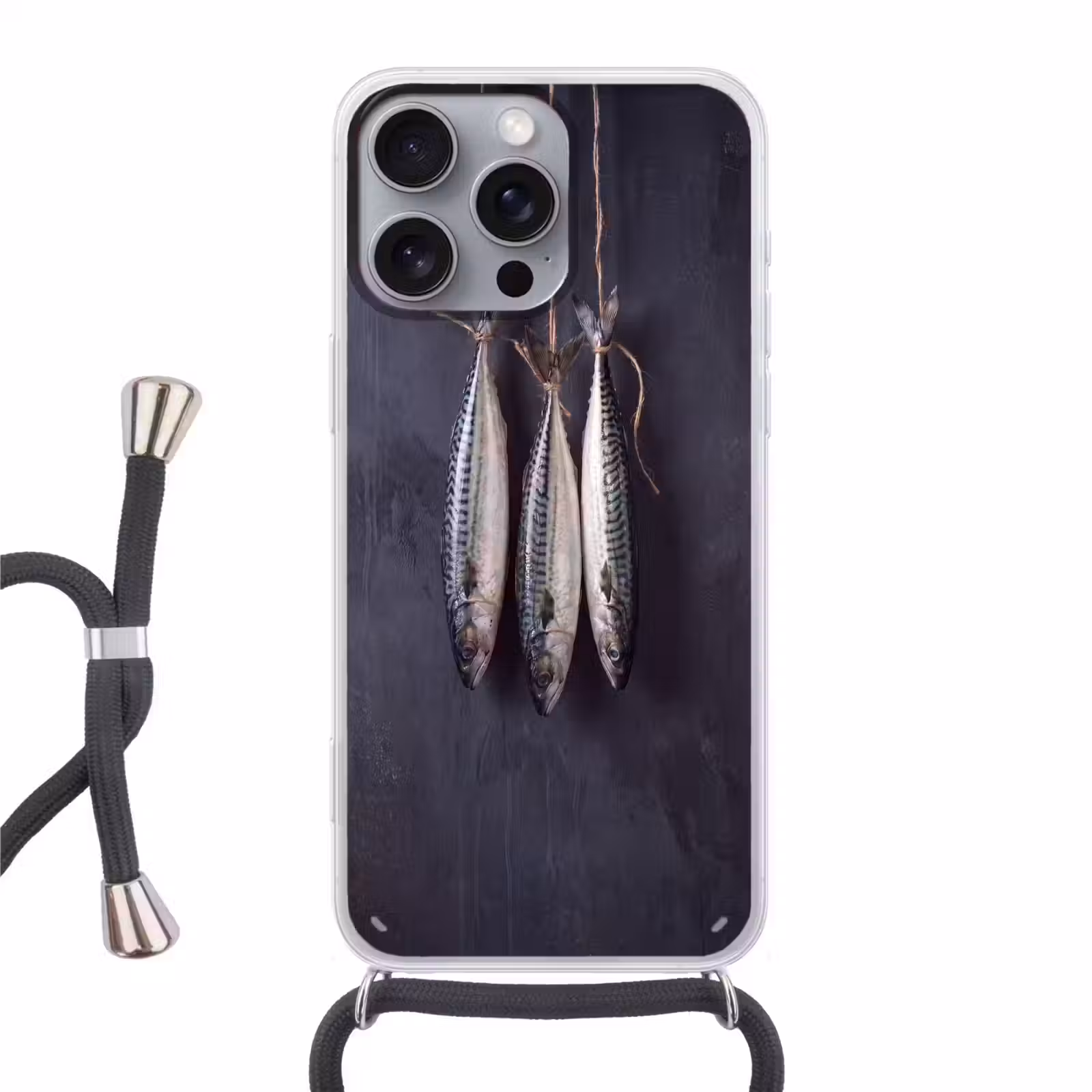 Phone case crossbody - Three Fish - Rope - Drie vissen - Touw Hoesje iPhone 16 Pro Max met koord klein