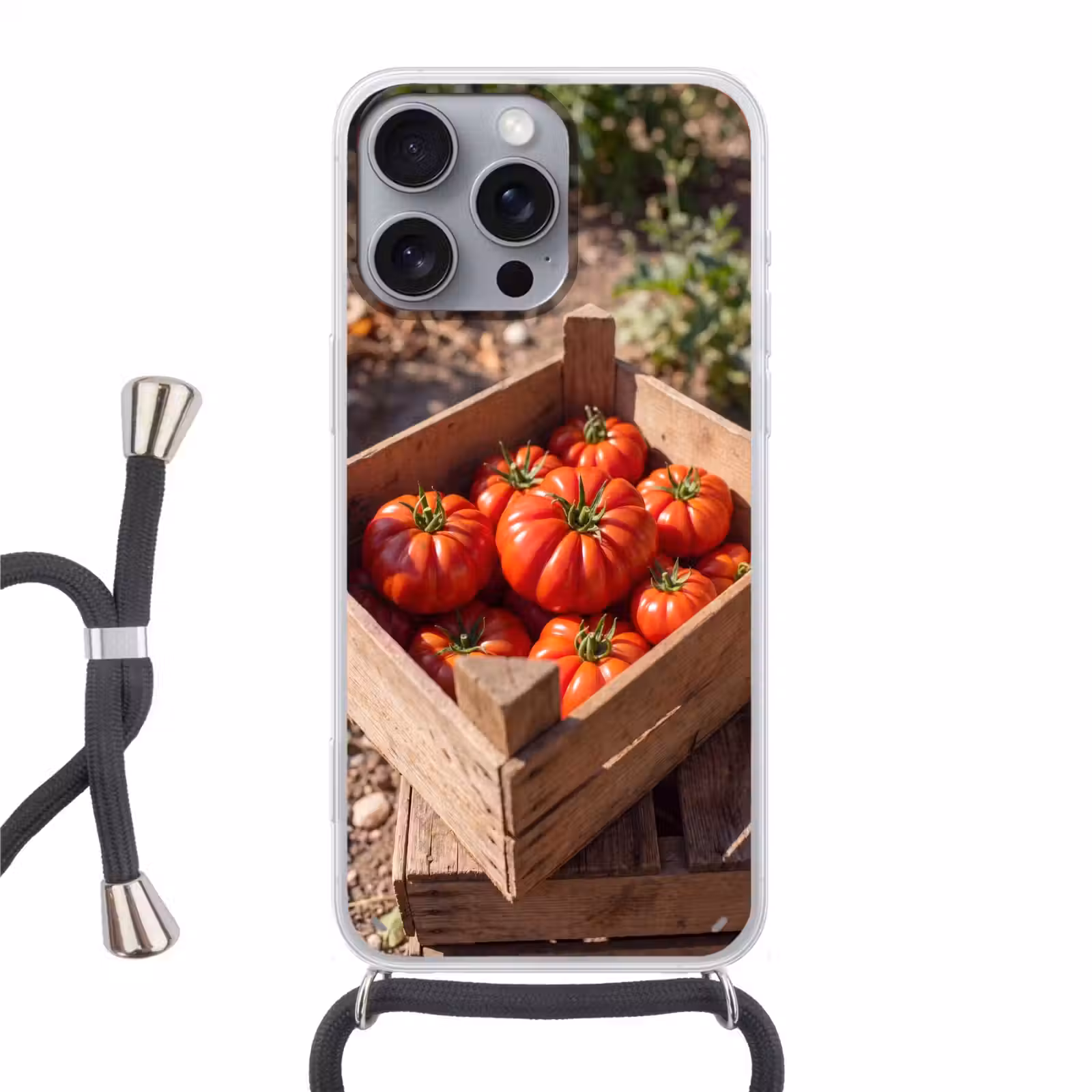 Phone case crossbody - Tomato - Wooden - Crate - Tomaat - Houten - Kist Hoesje iPhone 16 Pro Max met koord klein