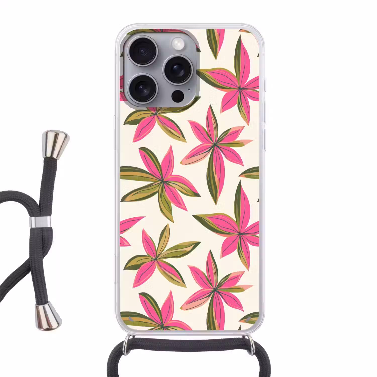 Tropisch - Bloem - Roze Hoesje iPhone 16 Pro Max met koord klein 804 -3d