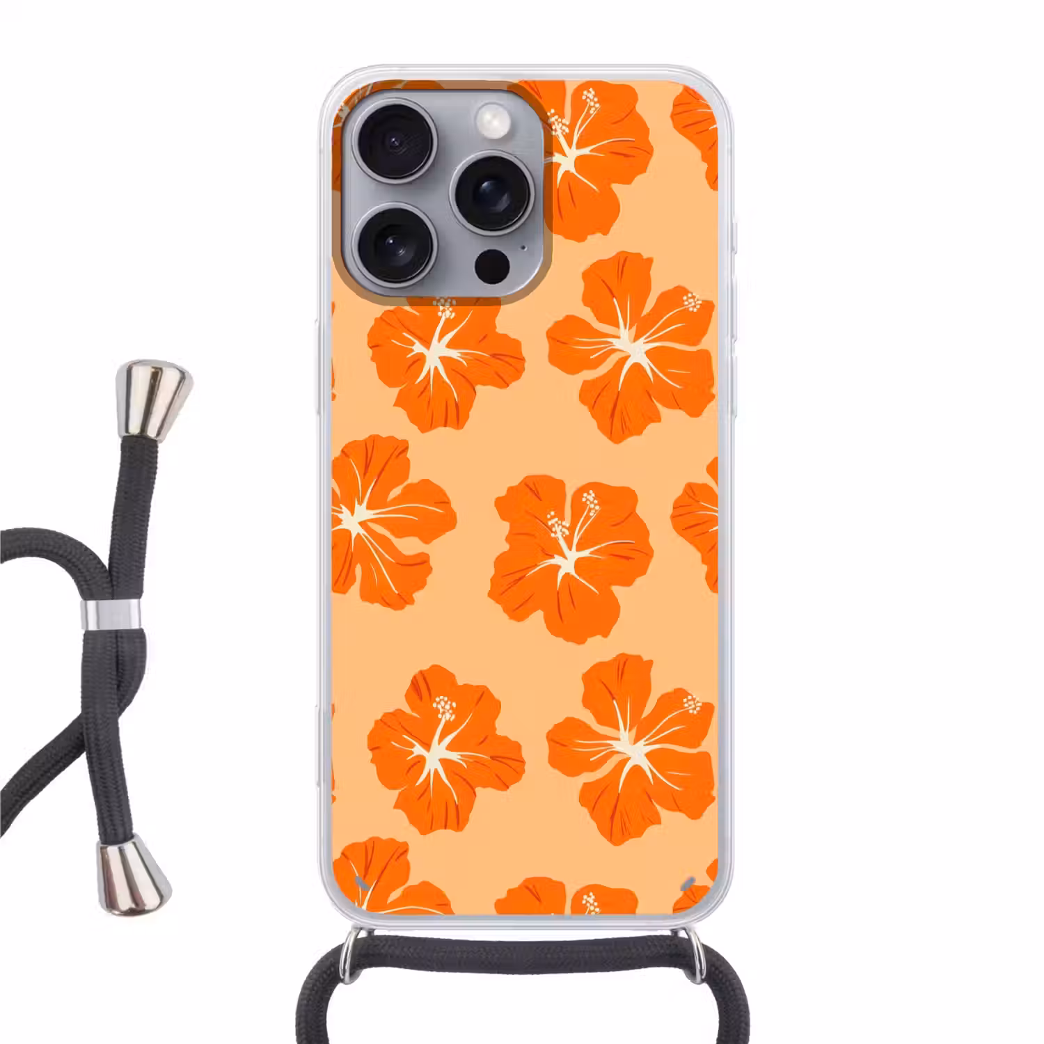 Tropisch - Hibiscus - Oranje Hoesje iPhone 16 Pro Max met koord klein 804 -3d