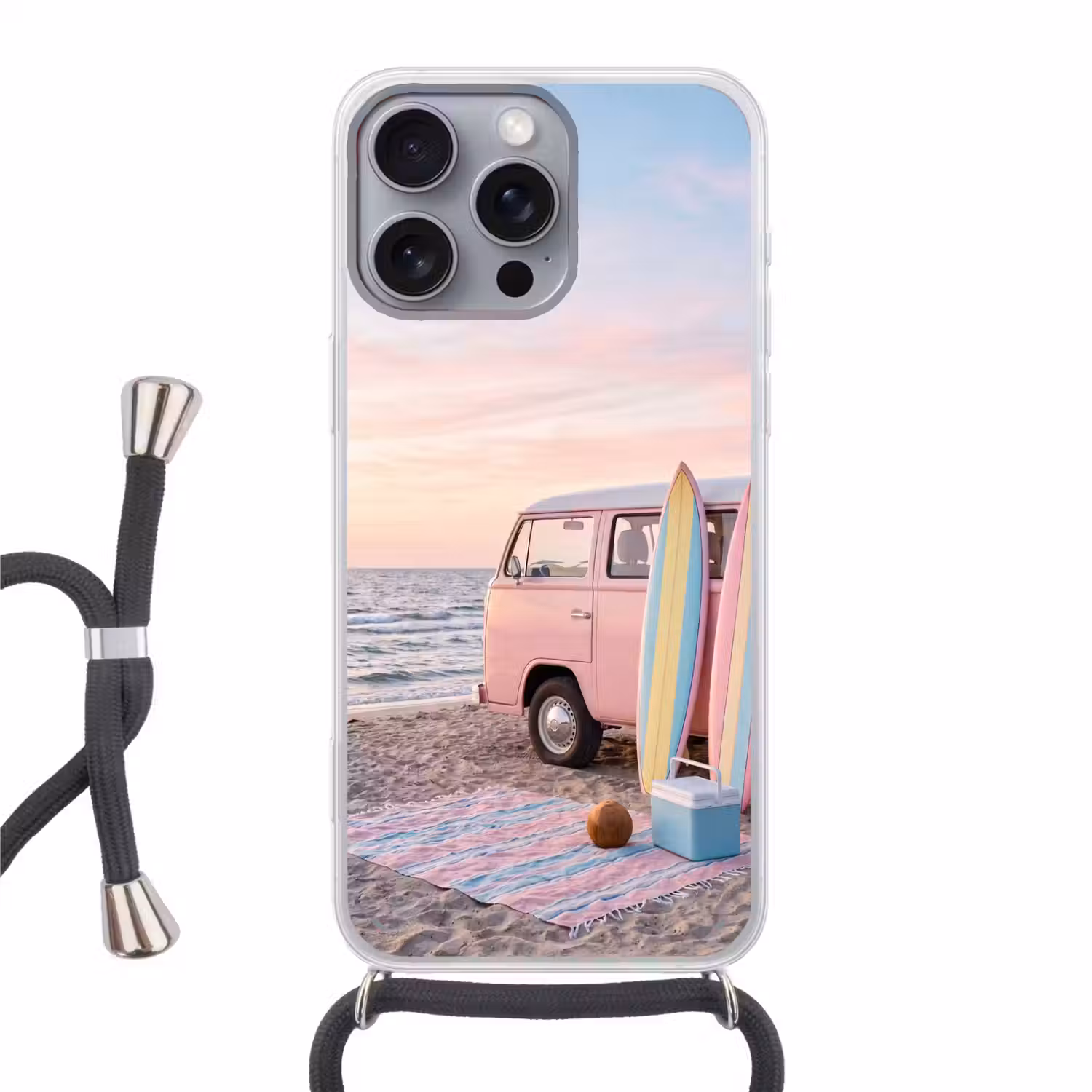 Busje - Strand - Surfplank - Zomer - Roze Hoesje iPhone 16 Pro Max met koord klein -3d