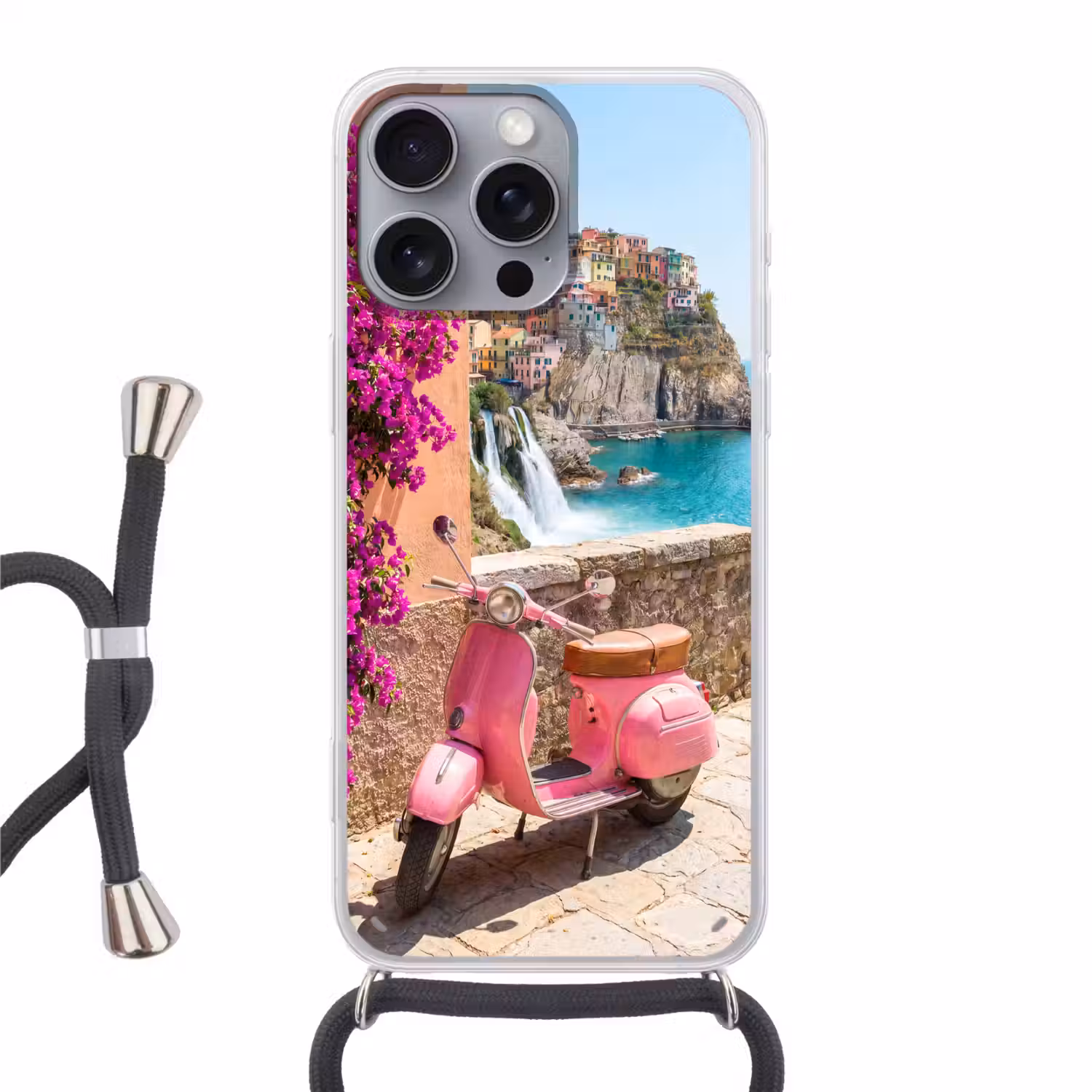 Voertuig - Roze - Kust - Zomer - Reizen Hoesje iPhone 16 Pro Max met koord klein -3d