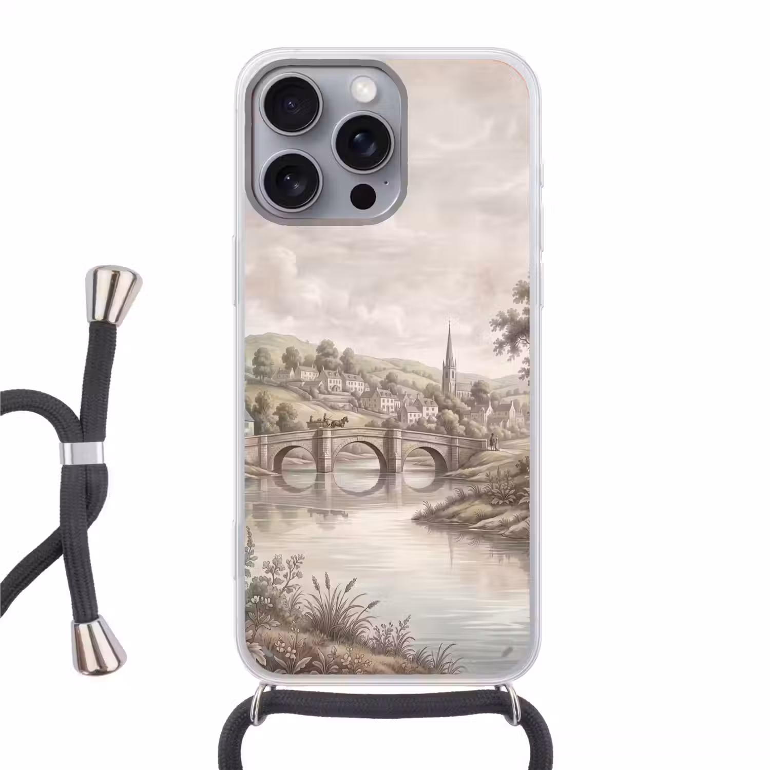 Dorp - Brug - Uitzicht - Groen Hoesje iPhone 16 Pro Max met koord klein -3d
