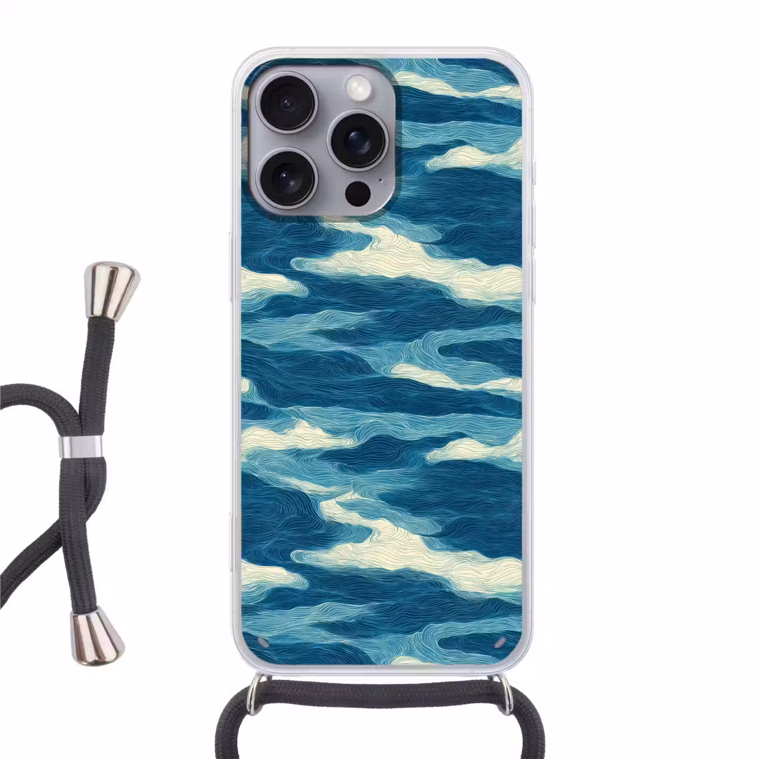 Golven - Abstract - Patroon - Blauw - Wit Hoesje iPhone 16 Pro Max met koord klein 804 -3d