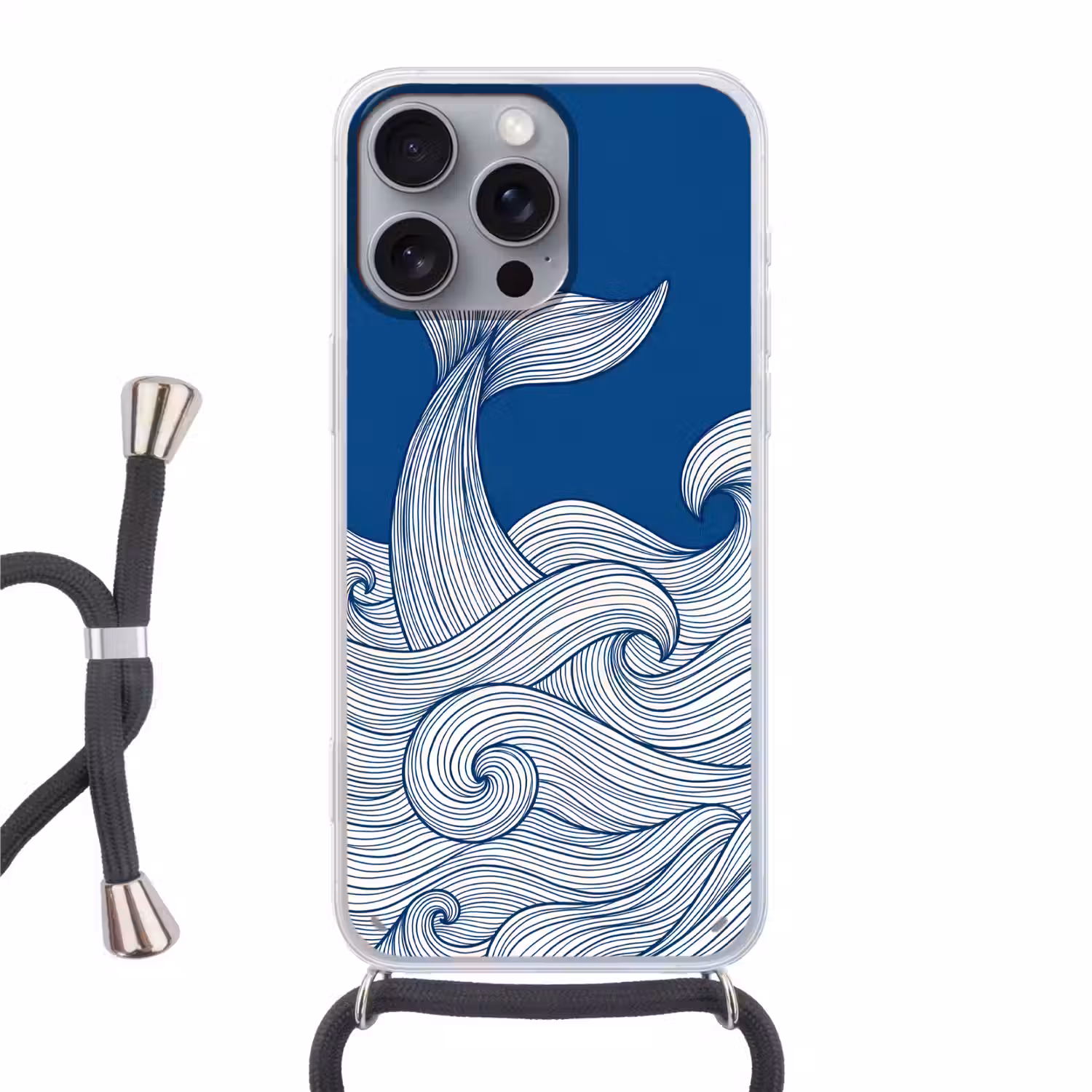 Walvis - Staart - Golven - Lijntekening - Blauw Hoesje iPhone 16 Pro Max met koord klein -3d