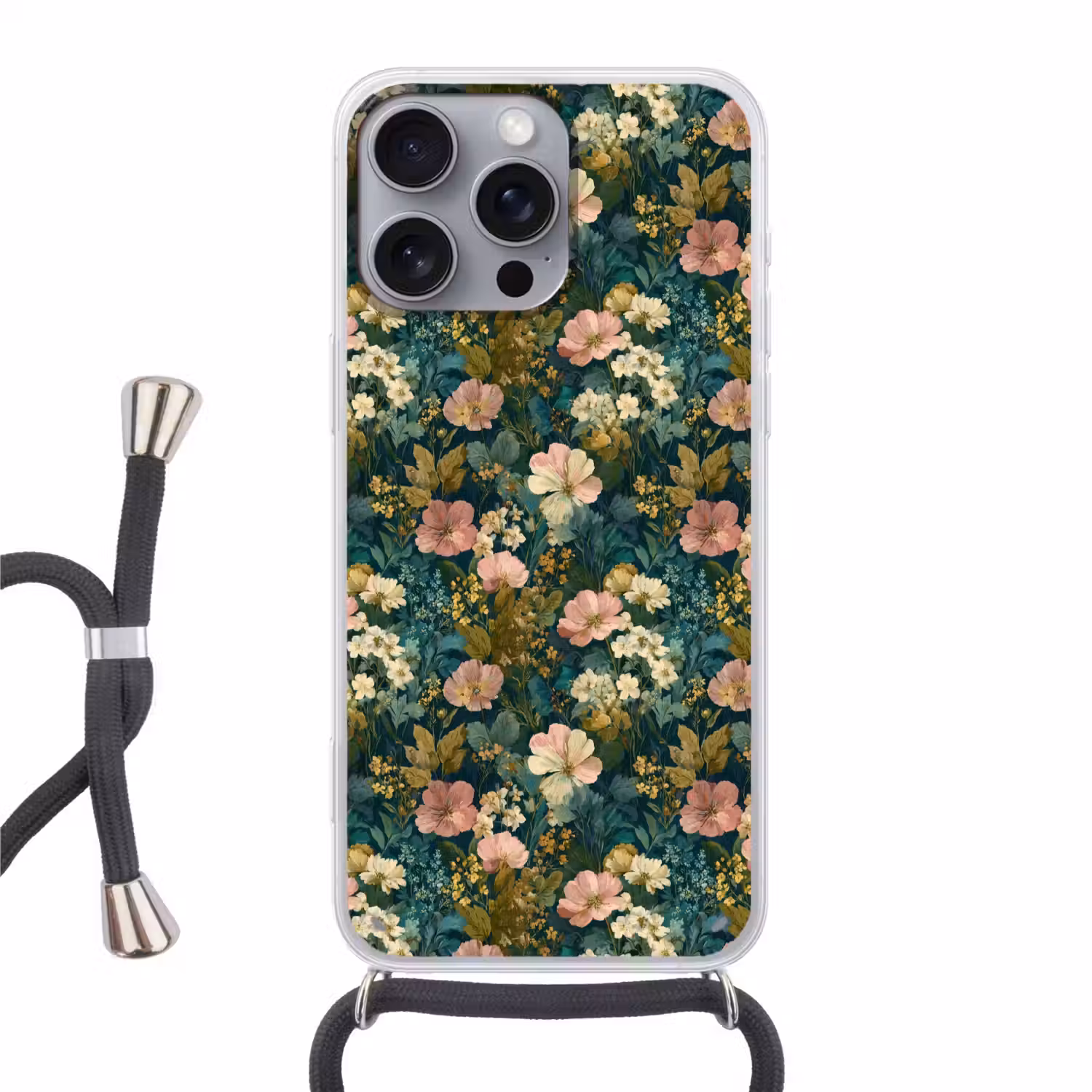 Wilde bloemen - Botanisch - Patroon - Roze - Romantisch Hoesje iPhone 16 Pro Max met koord klein 804 -3d