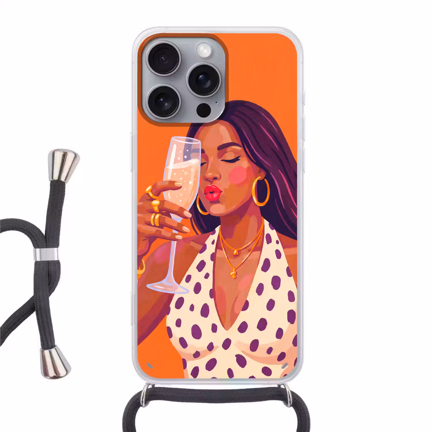 Vrouw - Champagne - Feest - Modern - Oranje Hoesje iPhone 16 Pro Max met koord klein -3d