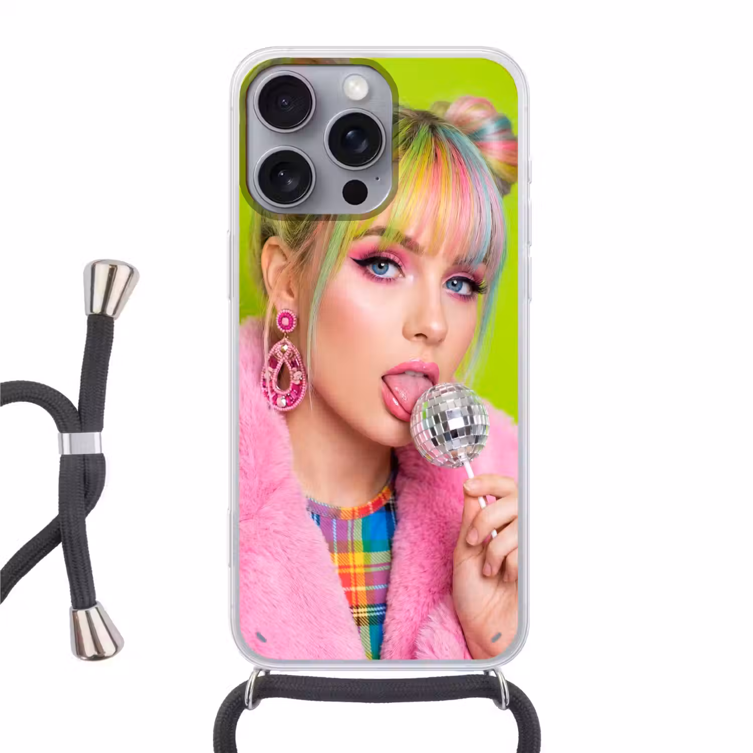 Vrouw - Kleurrijk haar - Pop art - Modern - Levendig Hoesje iPhone 16 Pro Max met koord klein -3d