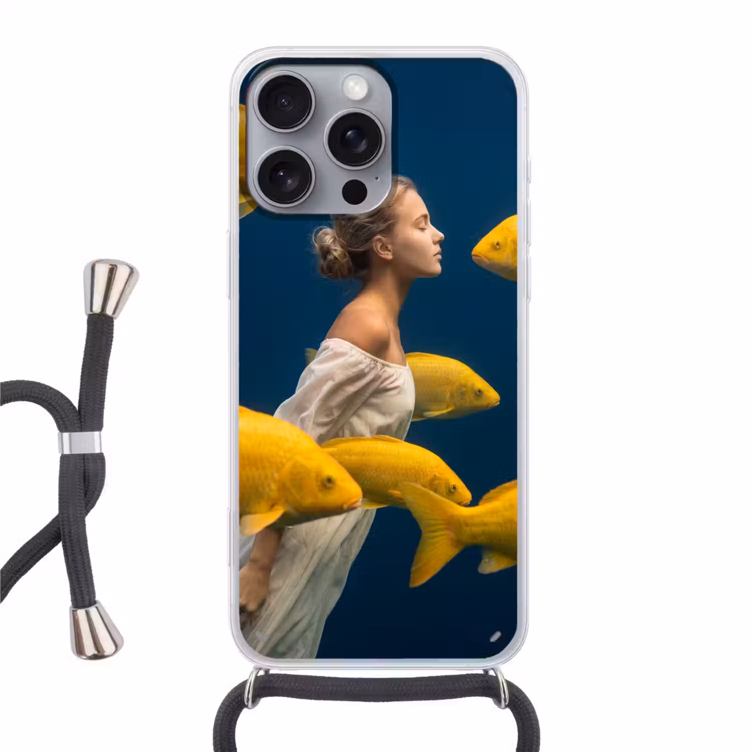 Vrouw - Vis - Water - Natuur - Geel Hoesje iPhone 16 Pro Max met koord klein -3d