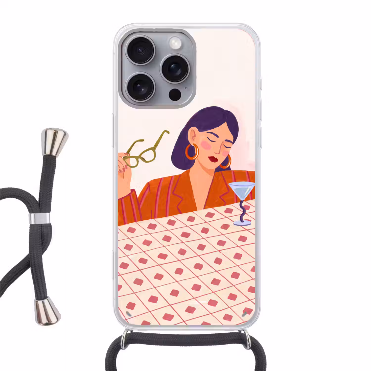 Vrouw - Bril - Cocktail - Illustratie - Modern Hoesje iPhone 16 Pro Max met koord klein -3d