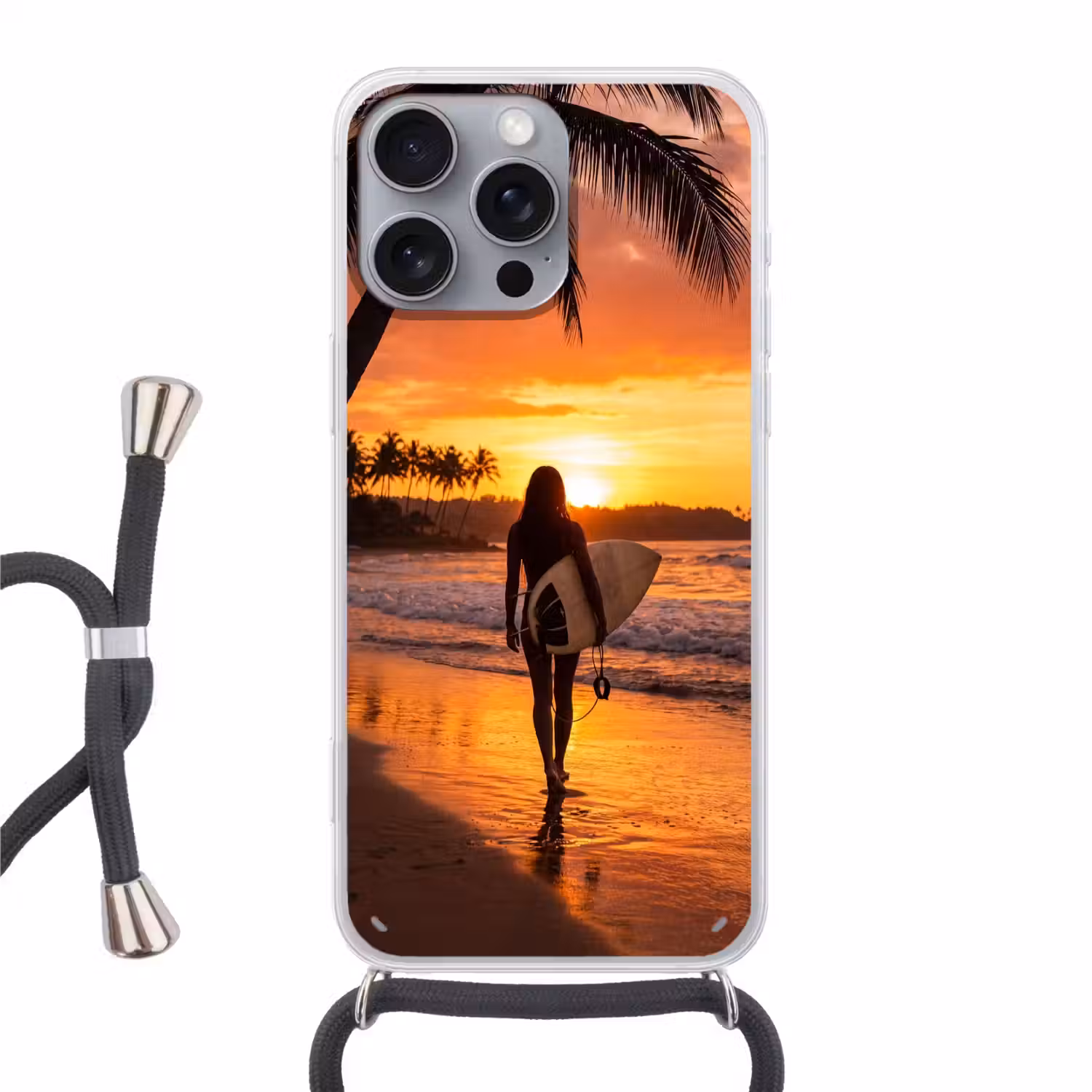 Vrouw - Surfplank - Strand - Zonsondergang - Oranje Hoesje iPhone 16 Pro Max met koord klein -3d