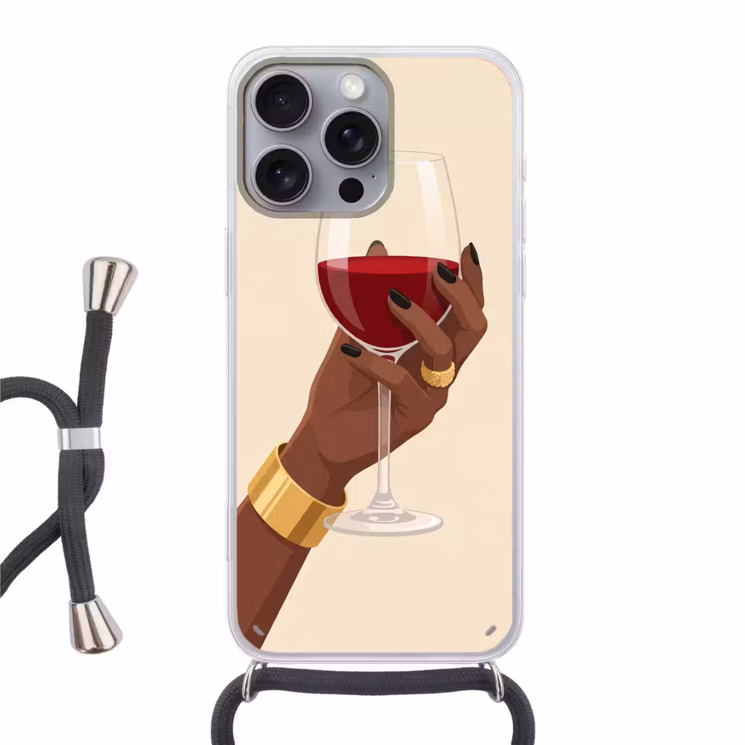 Vrouw - Wijn - Glas - Illustratie - Rood Hoesje iPhone 16 Pro Max met koord klein -3d