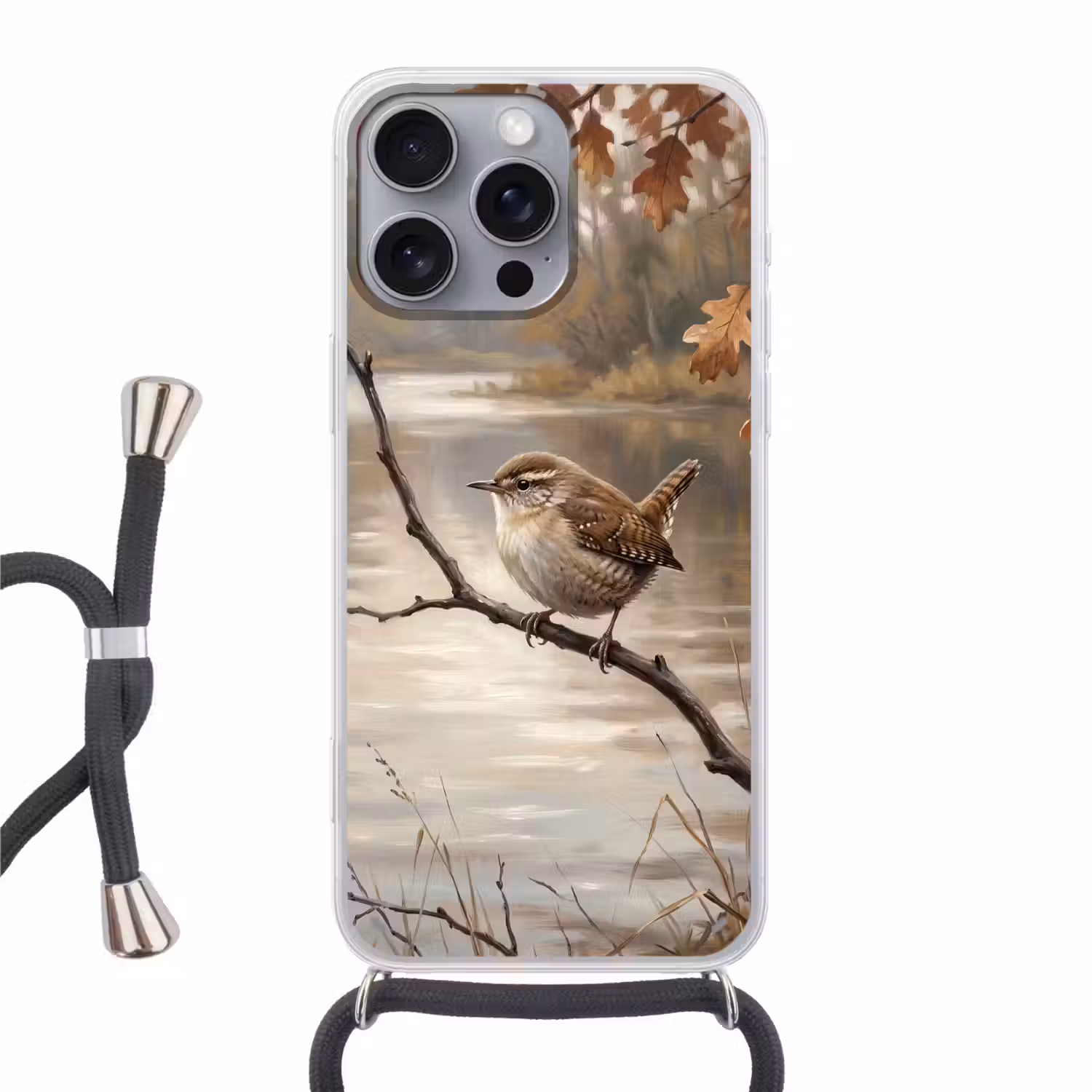 Winterkoninkje - Tak - Rivier - Natuur - Sfeervol Hoesje iPhone 16 Pro Max met koord klein -3d