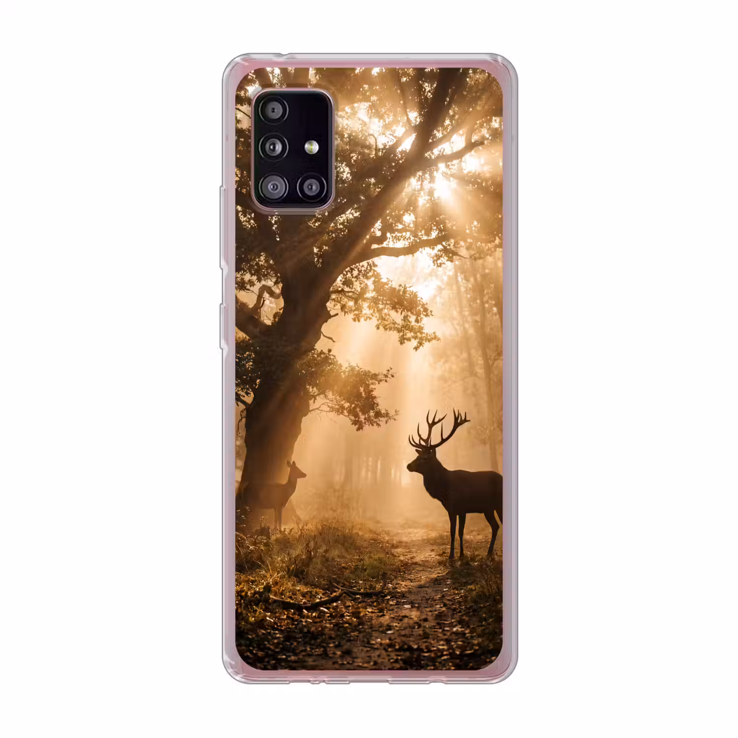 Hert - Bos - Mistig - Natuur - Goud Telefoonhoesje Samsung Galaxy A51 5G klein -3d